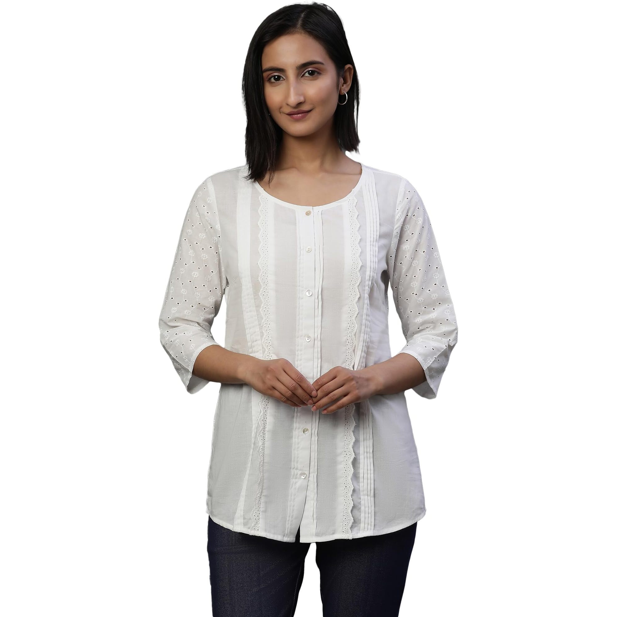 White Front Pleated Schiffli Short Kurti (Size M)-24Aua30486-E607219