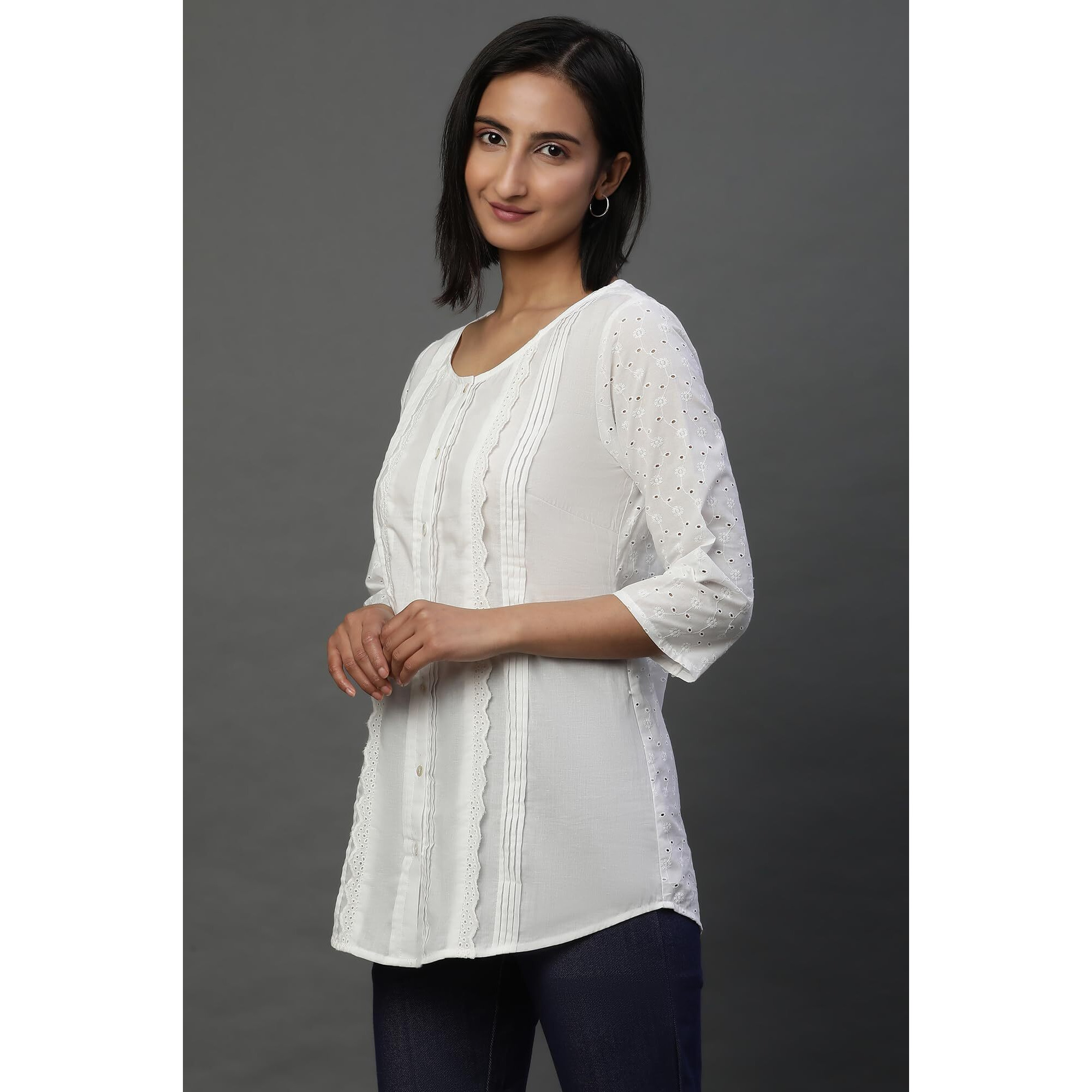 White Front Pleated Schiffli Short Kurti (Size M)-24Aua30486-E607219