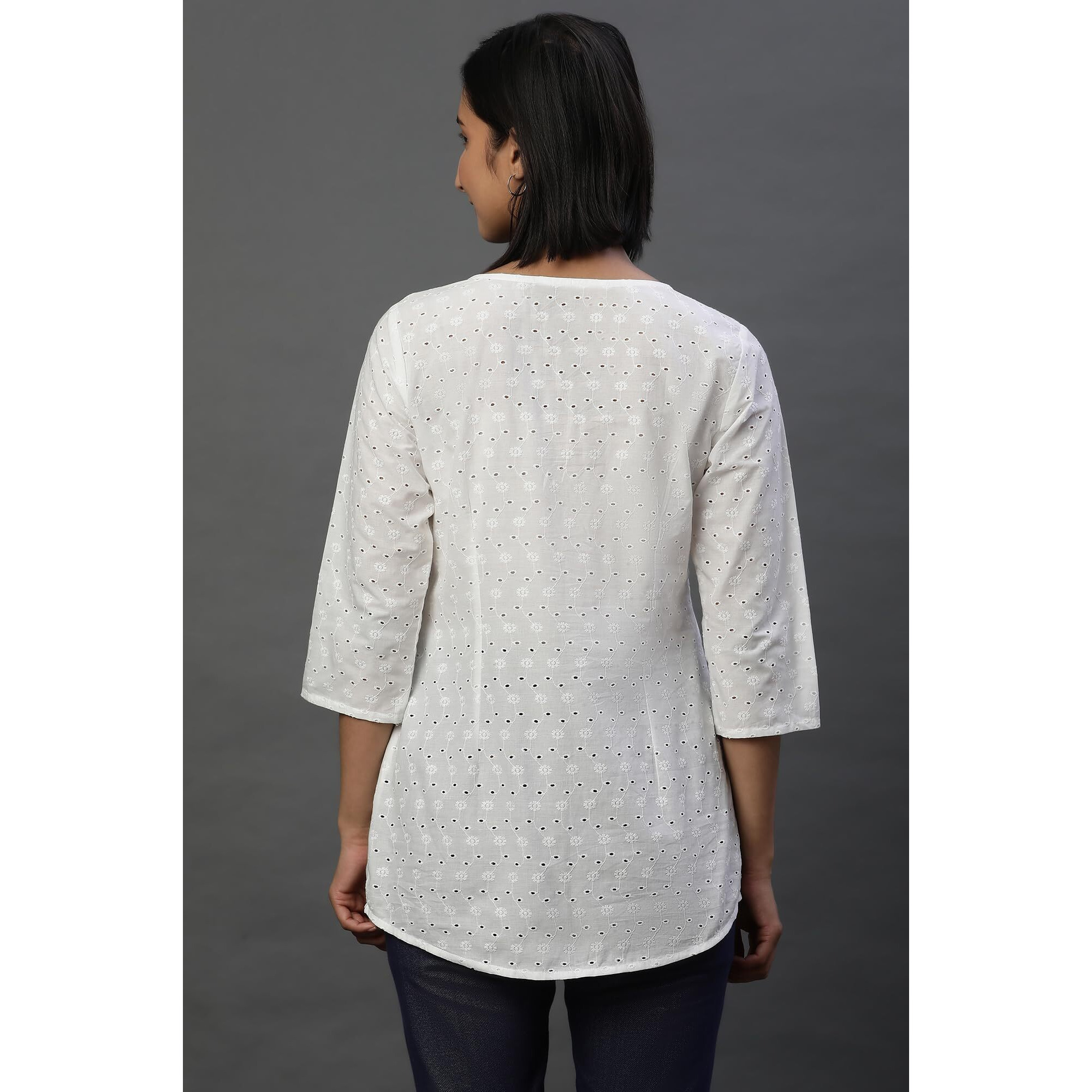 White Front Pleated Schiffli Short Kurti (Size M)-24Aua30486-E607219