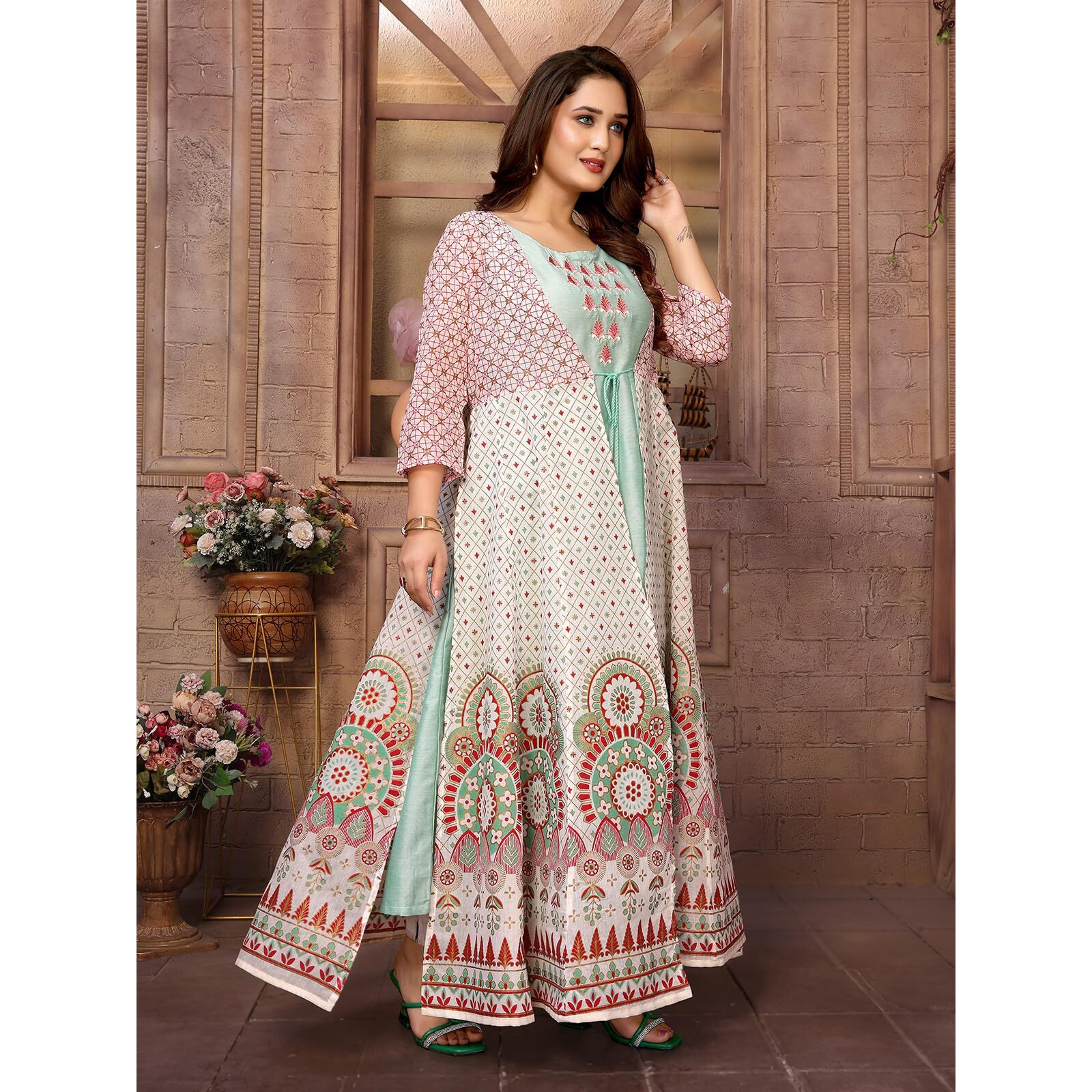 Rangita Green Chanderi Printed Calf Length Anarkali Kurti | Kurta For Women_L