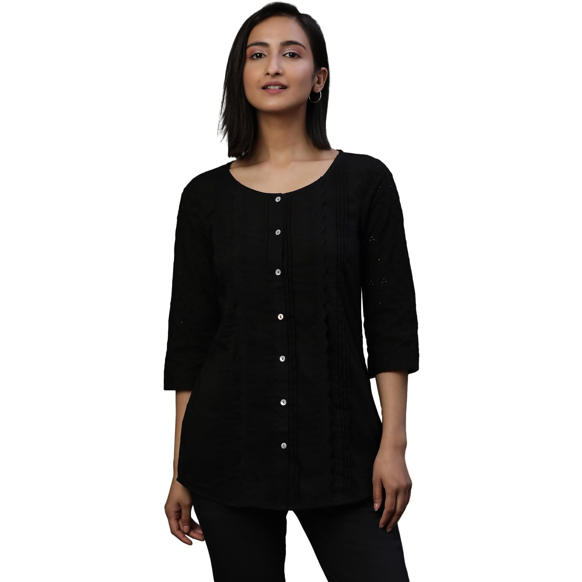 Black Front Pleated Schiffli Short Kurti (Size 2Xl)-24Aua30486-E607207