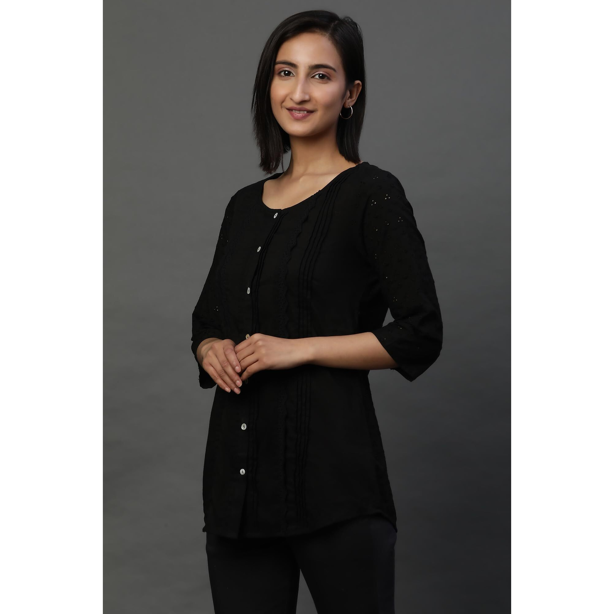 Black Front Pleated Schiffli Short Kurti (Size 2Xl)-24Aua30486-E607207