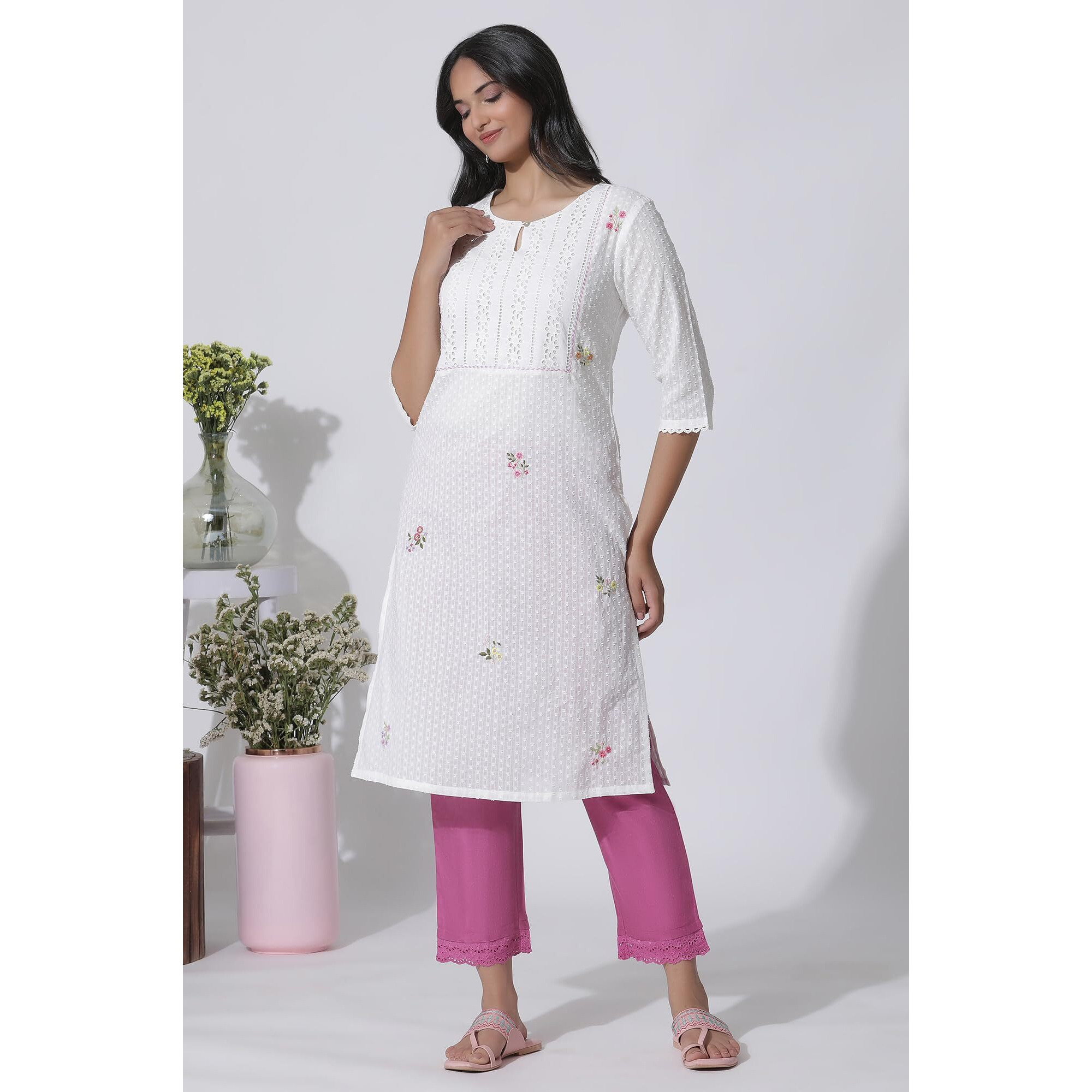 W For Woman White Swiss Dot Pure Cotton Embroidered Straight Kurta With Schiffli Yoke (Size L)-24Auw11435-222057