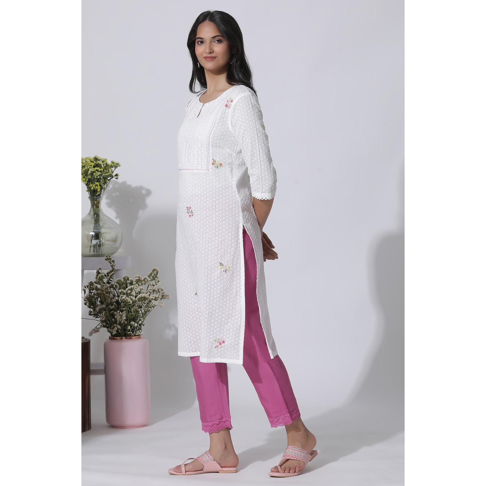 W For Woman White Swiss Dot Pure Cotton Embroidered Straight Kurta With Schiffli Yoke (Size L)-24Auw11435-222057