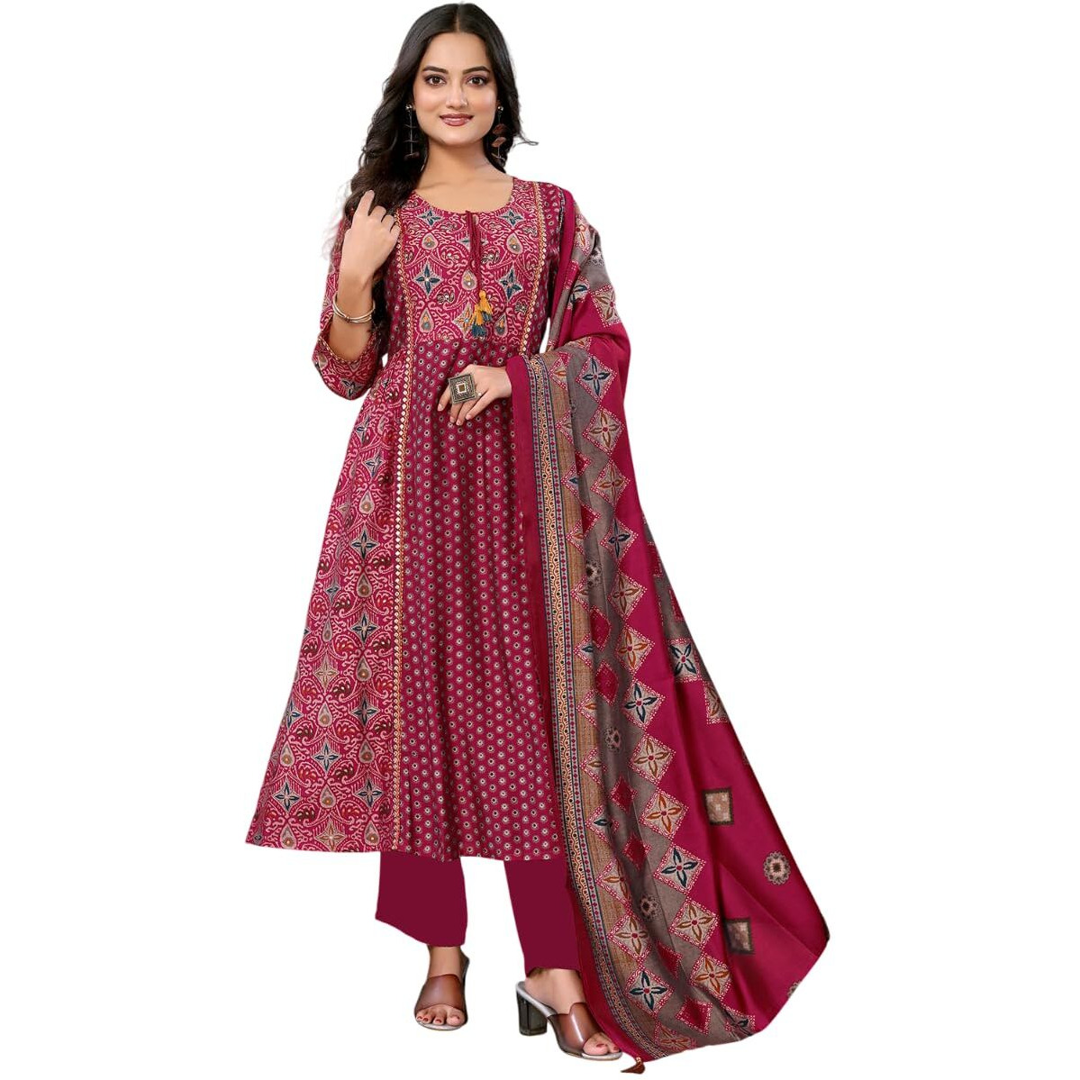Rangita Red Silk Blend Embroidered Calf Length Flared Kurta With Pant And Dupatta | Kurta Set For Women_Xl
