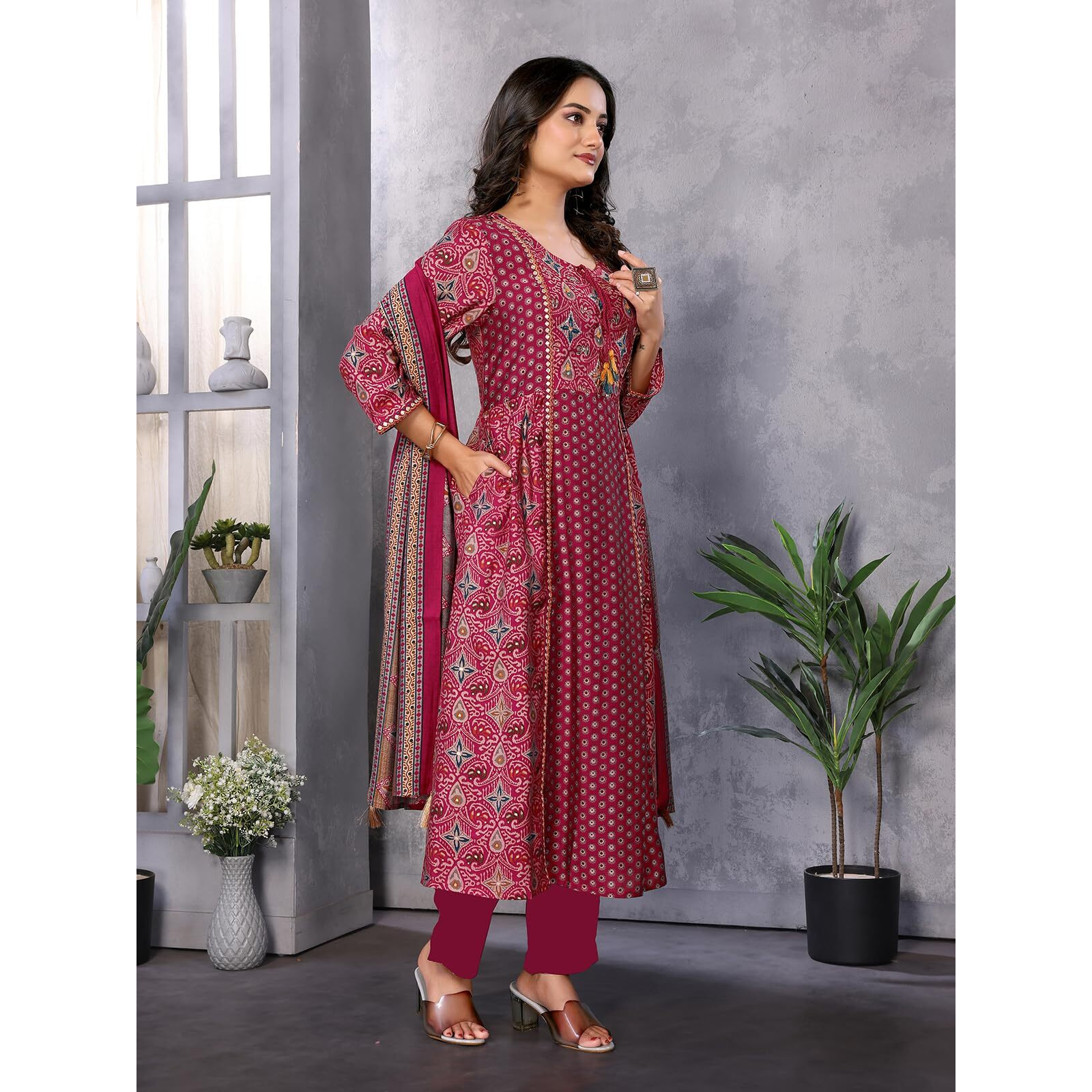 Rangita Red Silk Blend Embroidered Calf Length Flared Kurta With Pant And Dupatta | Kurta Set For Women_Xl