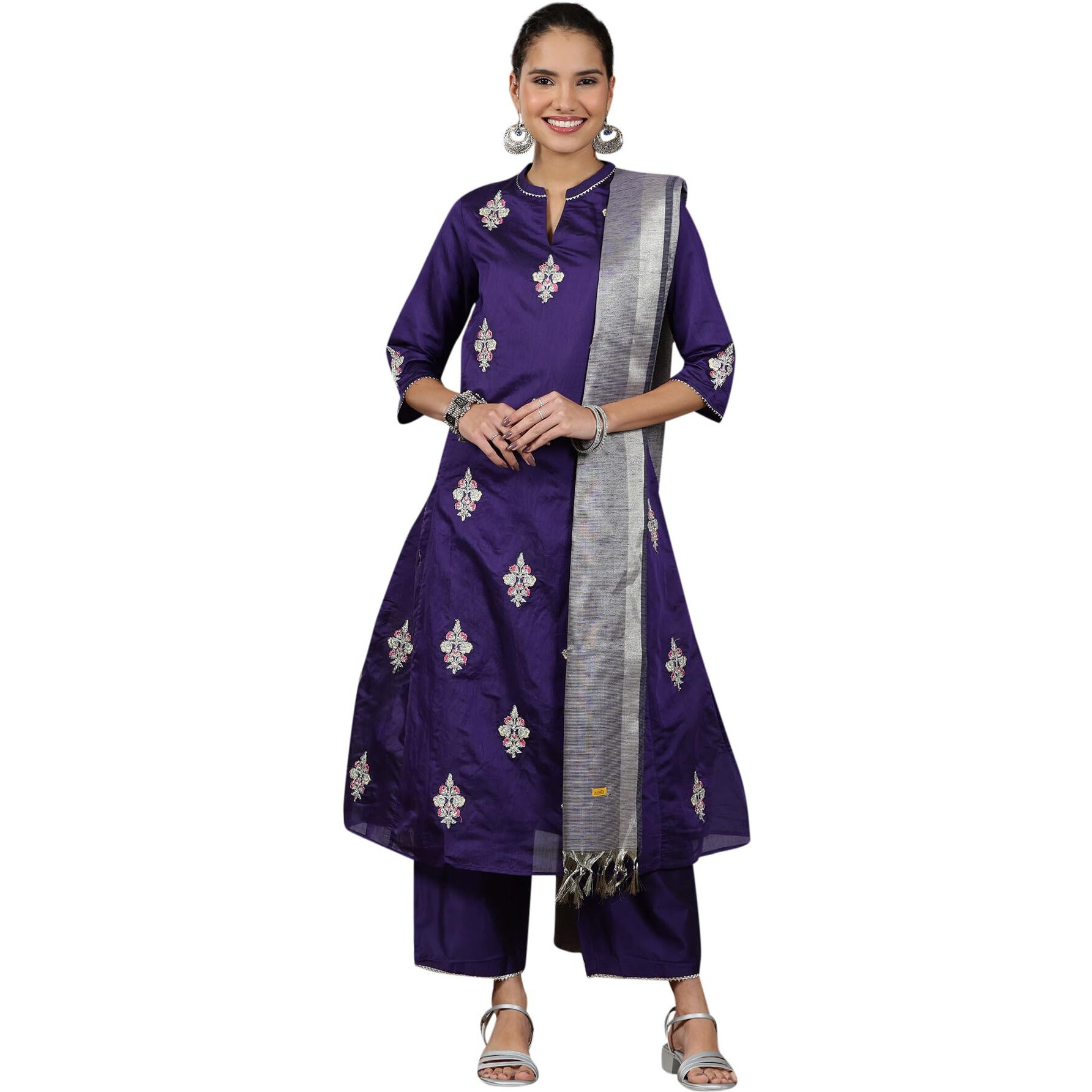 Aurelia Womens Yarn Dyed Flared Kurta Set With Palazzos And Dupatta For Women