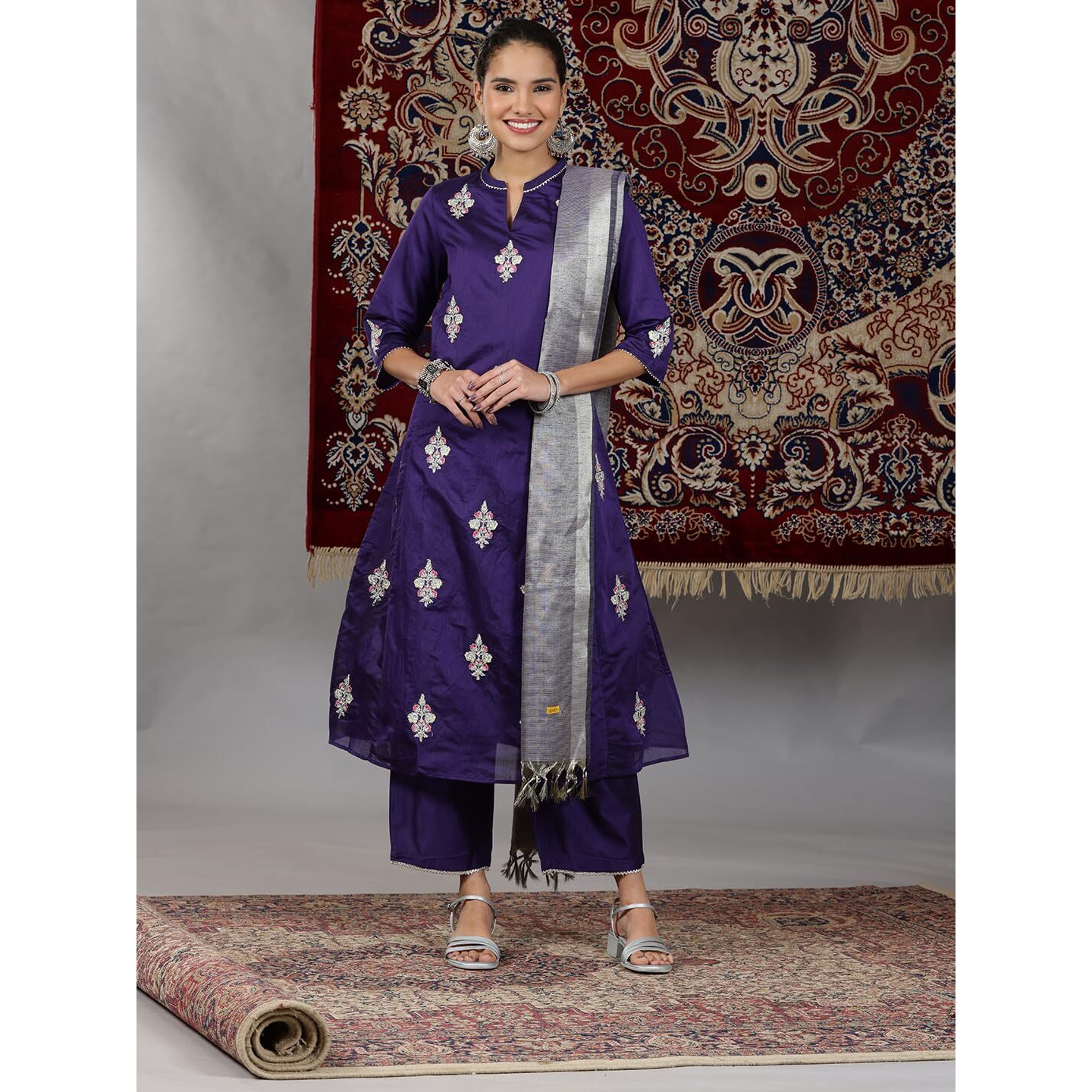 Aurelia Womens Yarn Dyed Flared Kurta Set With Palazzos And Dupatta For Women