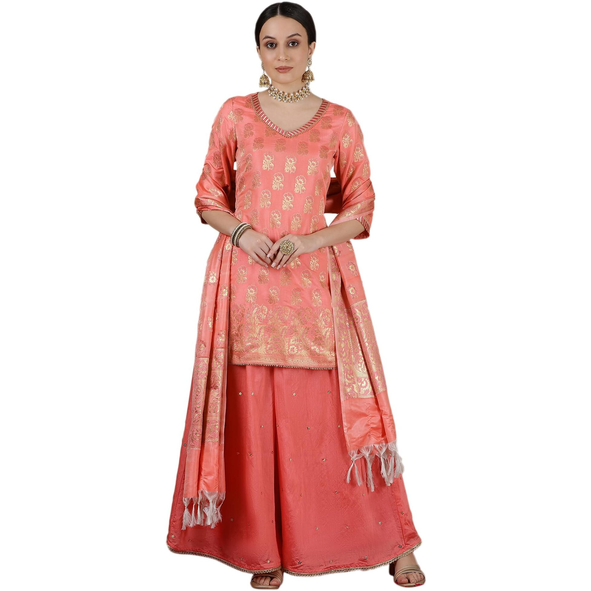 Aurelia Womens Abstract Printed Straight Kurta Set With Palazzos And Dupatta For Women