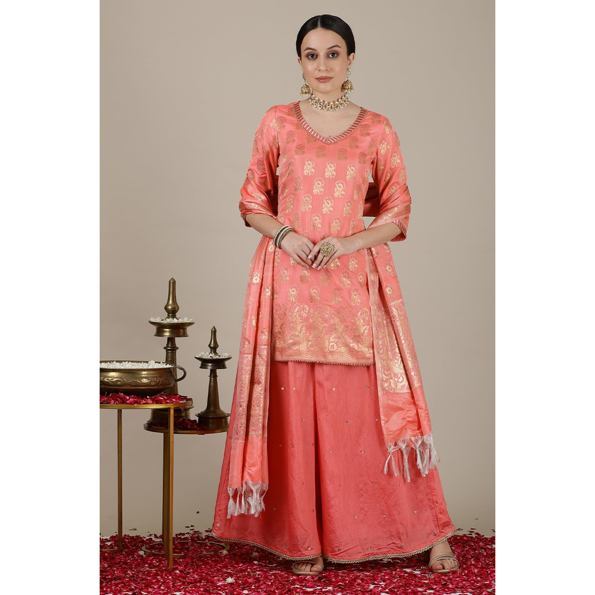 Aurelia Womens Abstract Printed Straight Kurta Set With Palazzos And Dupatta For Women