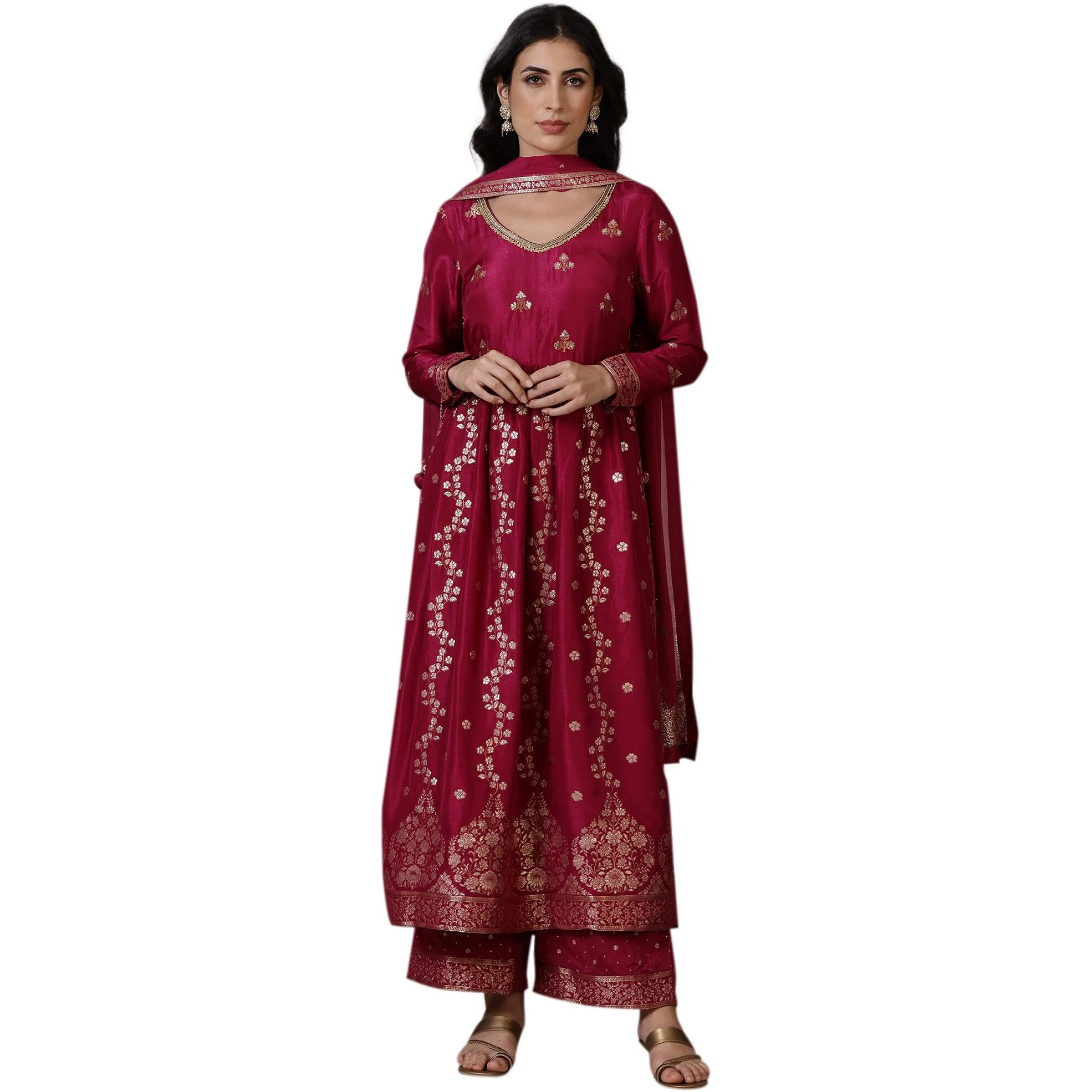 Aurelia Magenta Pink Naira Cut Embellished Jacquard A-Line Kurta, Palazzo And Dupatta Set (Size M)-24Aud10664-705023