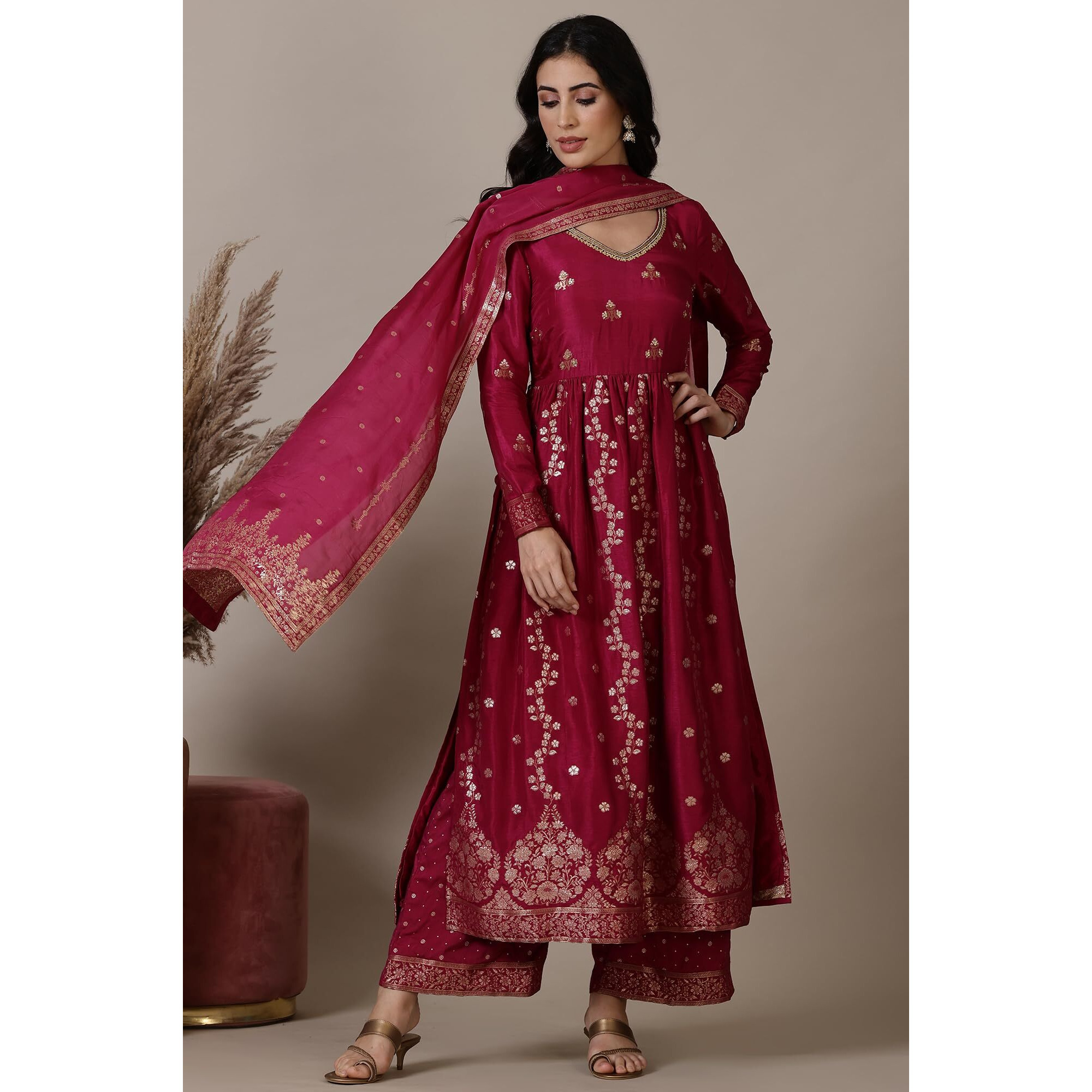 Aurelia Magenta Pink Naira Cut Embellished Jacquard A-Line Kurta, Palazzo And Dupatta Set (Size M)-24Aud10664-705023
