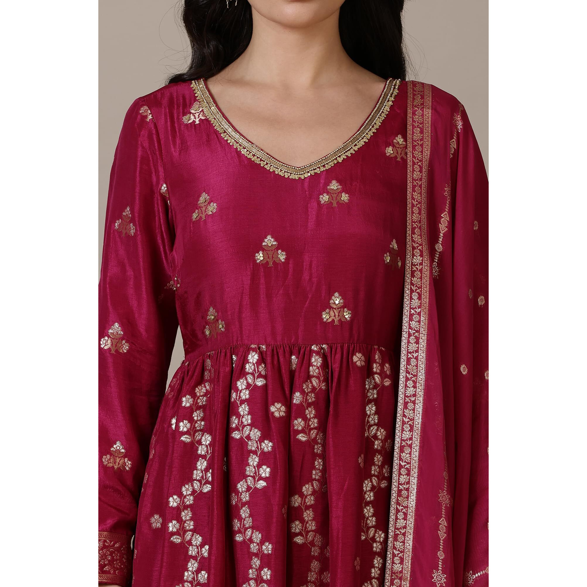 Aurelia Magenta Pink Naira Cut Embellished Jacquard A-Line Kurta, Palazzo And Dupatta Set (Size M)-24Aud10664-705023