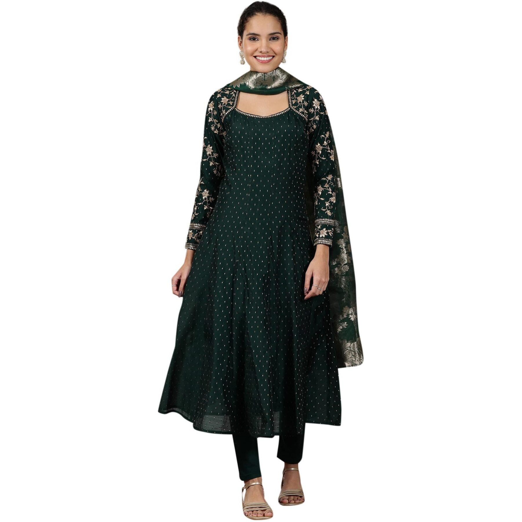 Aurelia Womens Geometric Printed Flared Kurta Set With Leggings And Dupatta For Women