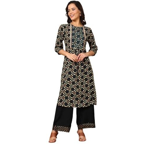 W For Woman Black Geometric Printed Rayon Crepe A-Line Kurta With Metallic Embroidery On Yoke_24Auw11663-124389_L