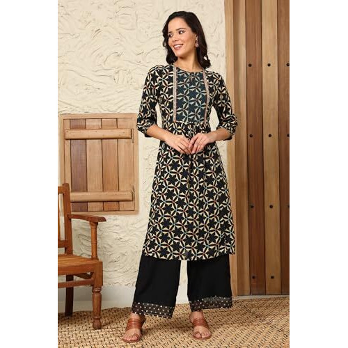 W For Woman Black Geometric Printed Rayon Crepe A-Line Kurta With Metallic Embroidery On Yoke_24Auw11663-124389_L