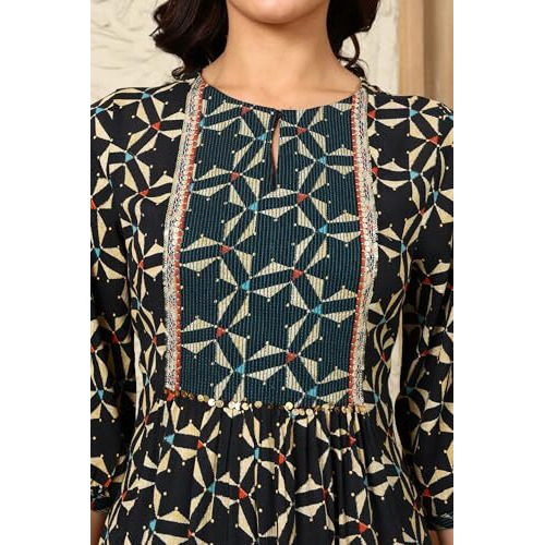 W For Woman Black Geometric Printed Rayon Crepe A-Line Kurta With Metallic Embroidery On Yoke_24Auw11663-124389_L