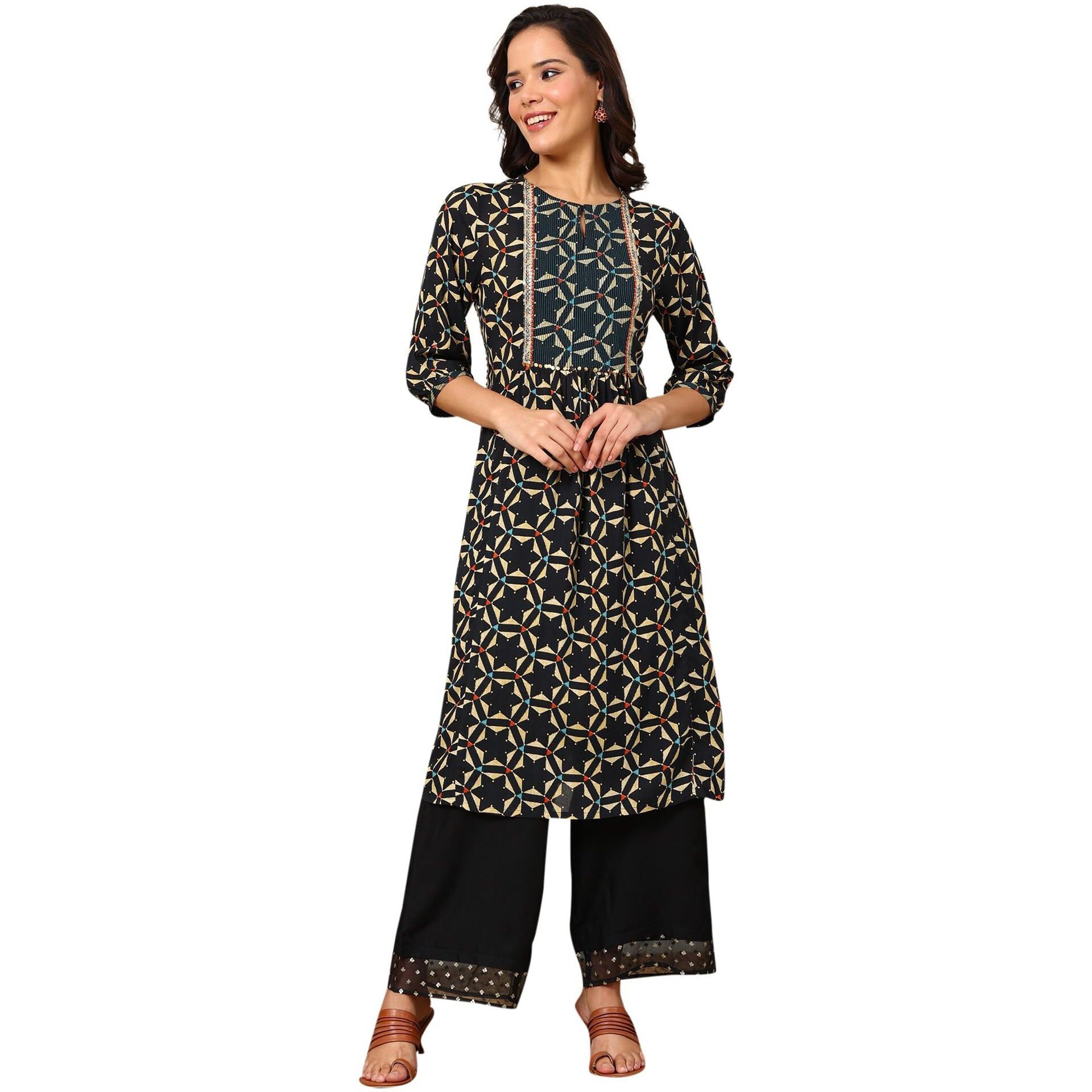 W For Woman Black Geometric Printed Rayon Crepe A-Line Kurta With Metallic Embroidery On Yoke_24Auw11663-124389_S