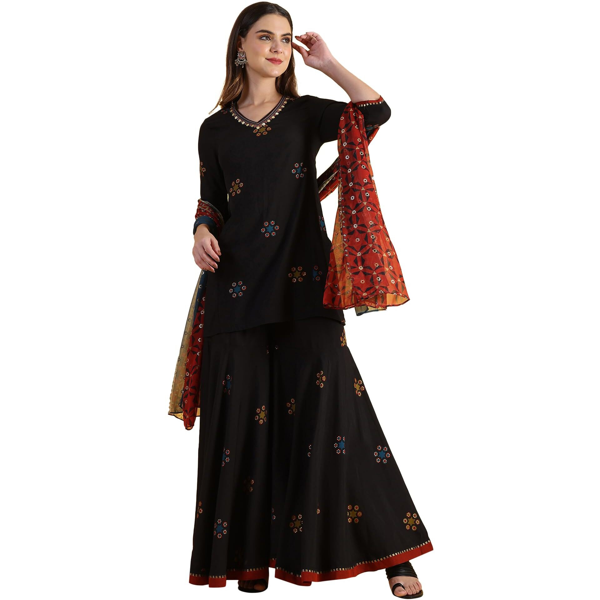 W For Woman Black Printed Metallic Embroidery Straight Kurta & Sharara With Dupatta Set (Size S)-24Auws11667-124371