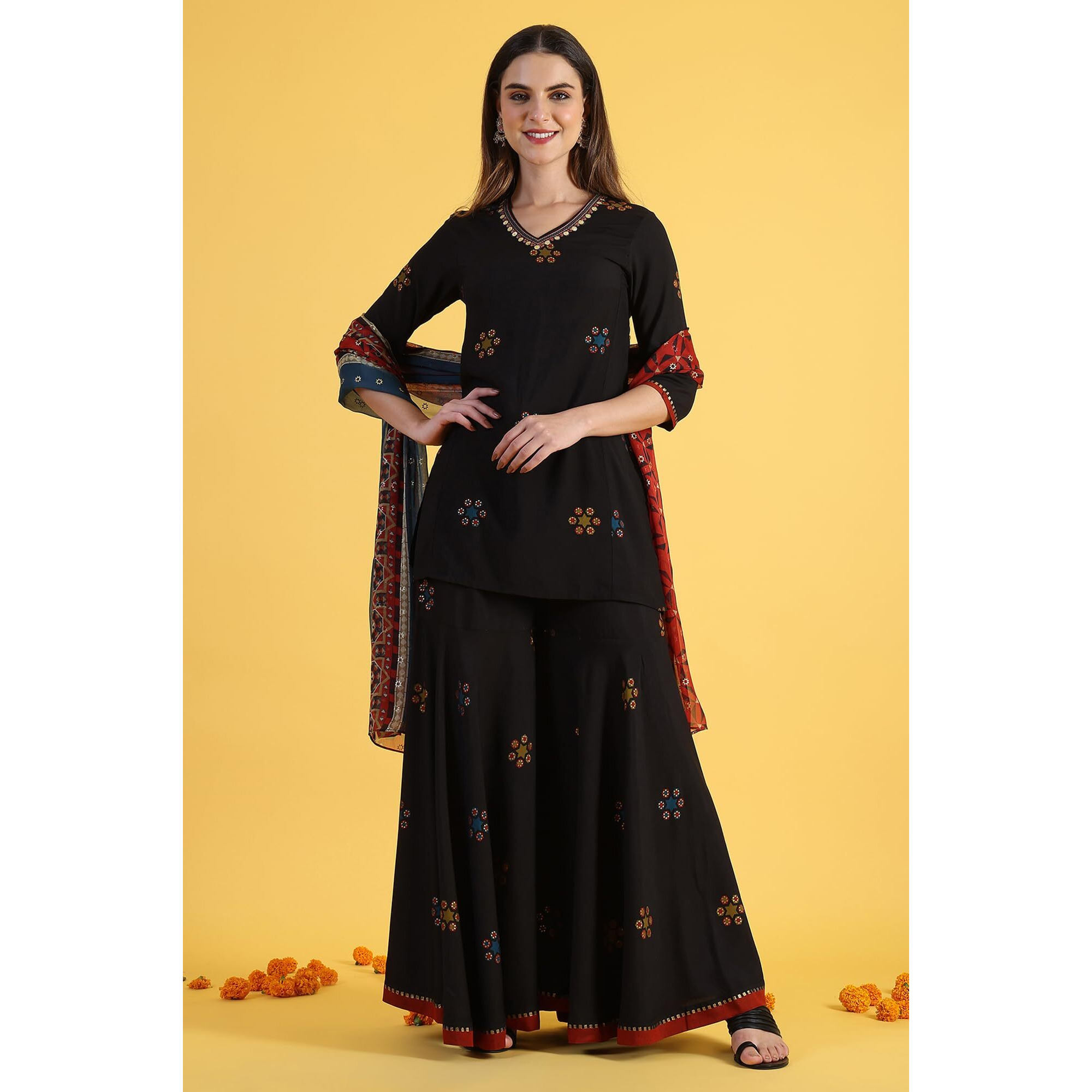 W For Woman Black Printed Metallic Embroidery Straight Kurta & Sharara With Dupatta Set (Size S)-24Auws11667-124371