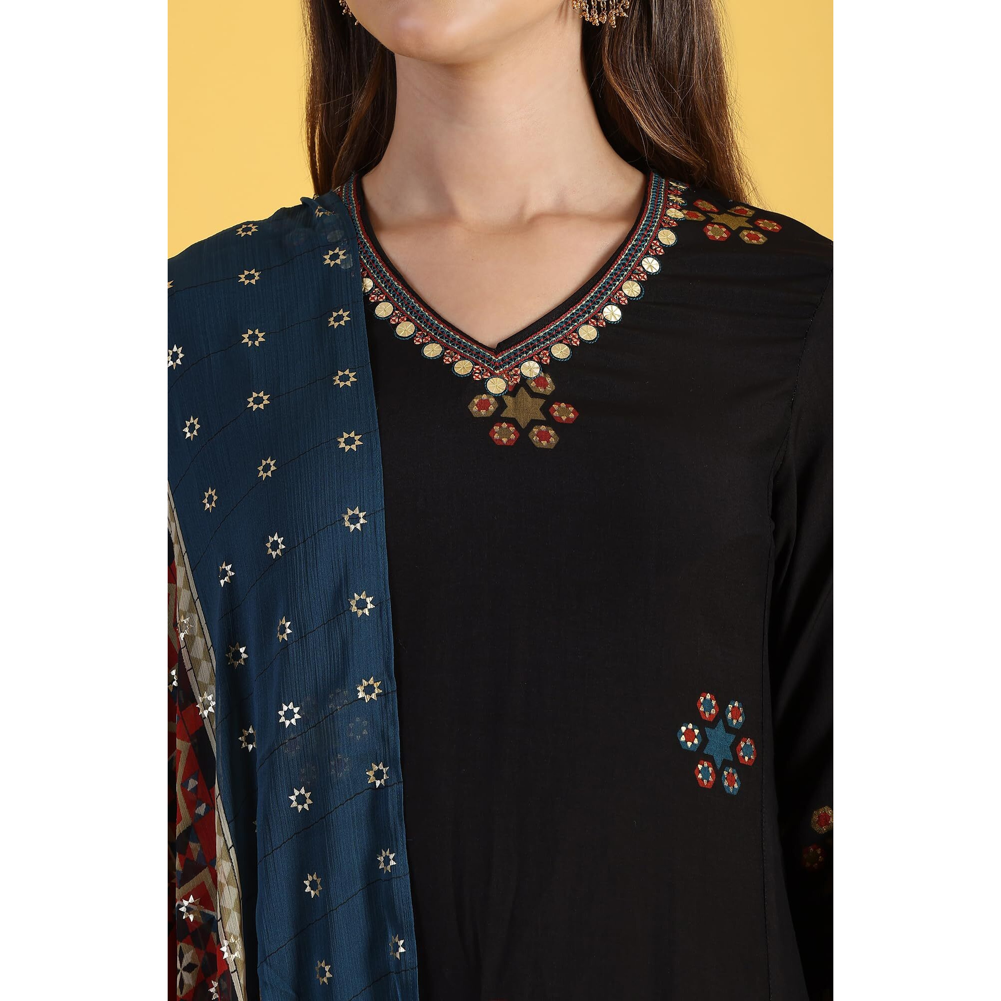 W For Woman Black Printed Metallic Embroidery Straight Kurta & Sharara With Dupatta Set (Size S)-24Auws11667-124371