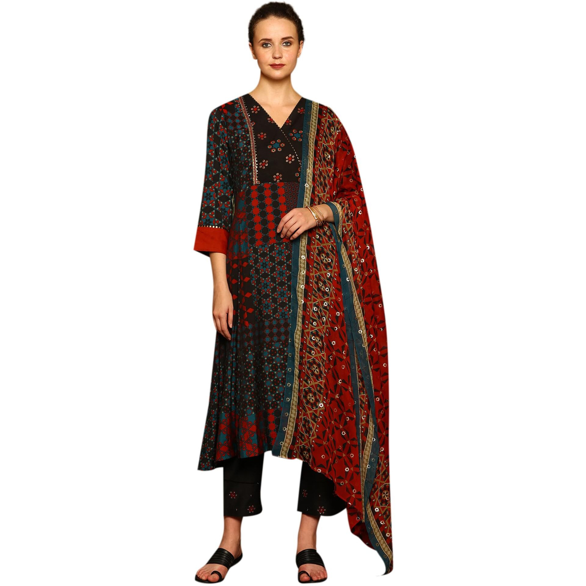 W For Woman Black Multi-Coloured Patch Printed Metallic Embroidered A-Line Kurta, Pants And Dupatta Set (Size S)-24Auws11669-124370