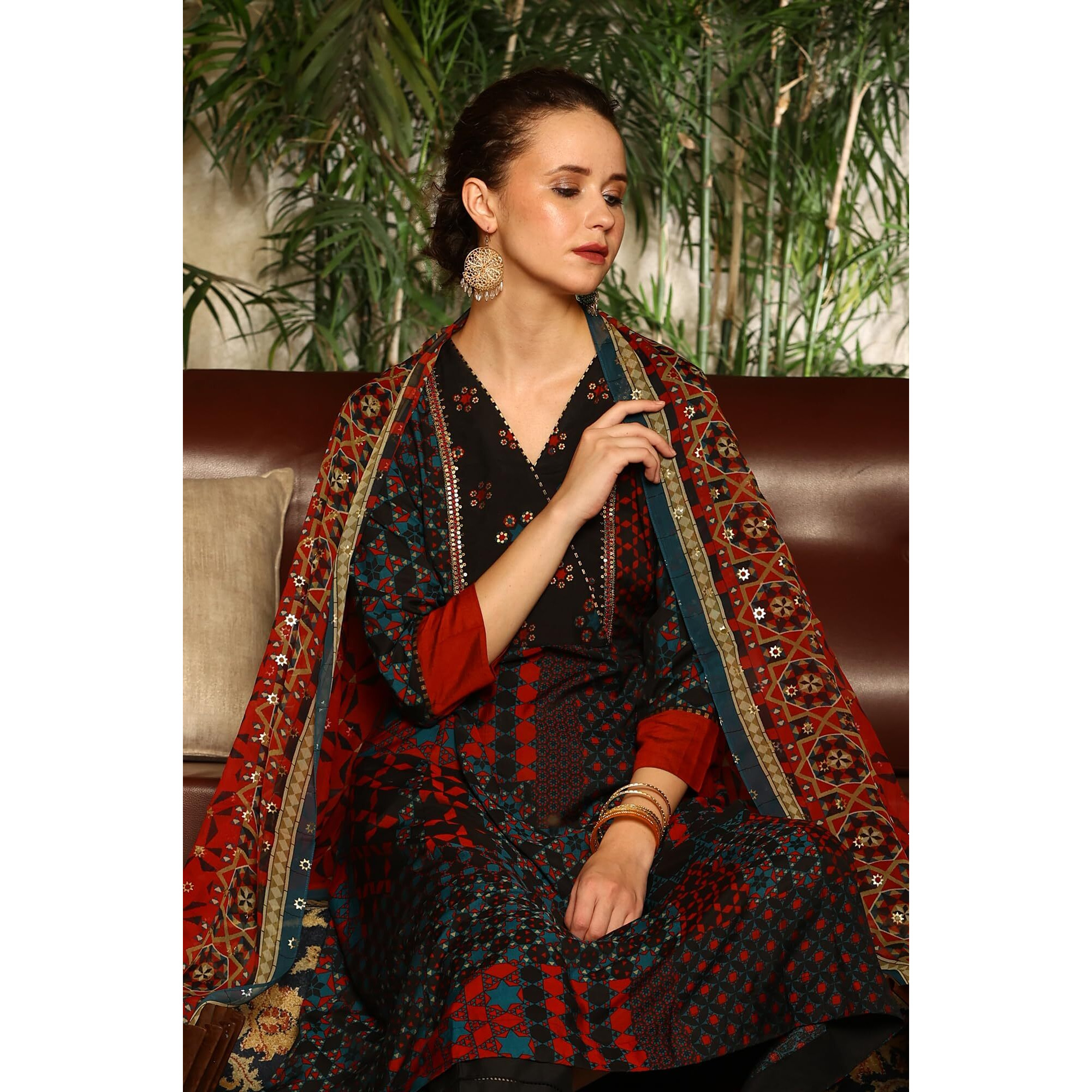 W For Woman Black Multi-Coloured Patch Printed Metallic Embroidered A-Line Kurta, Pants And Dupatta Set (Size S)-24Auws11669-124370