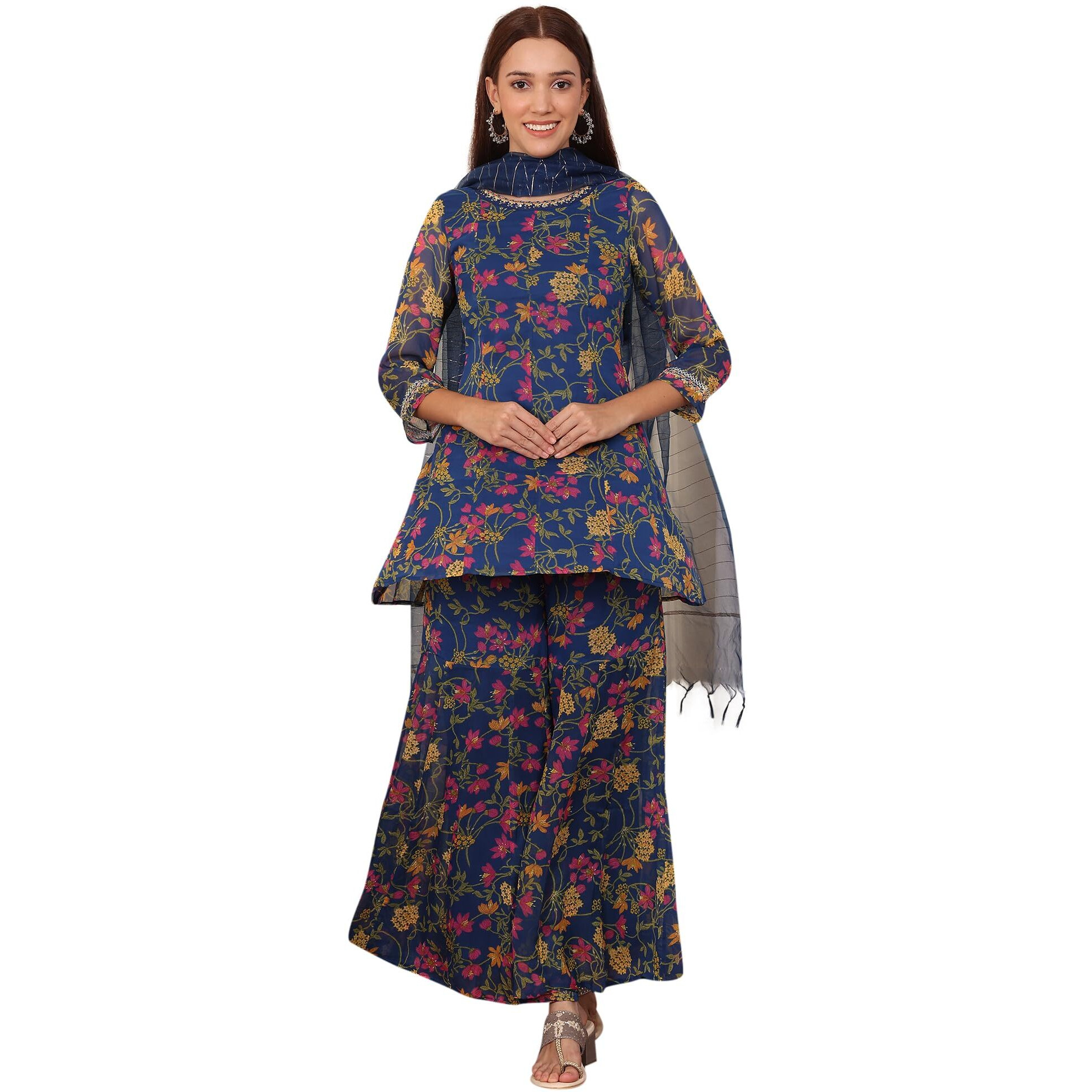 W For Woman Navy Blue Floral Printed Embroidered Flared Short Kurta And Sharara Set With Dupatta (Size L)-24Auws11466-124992
