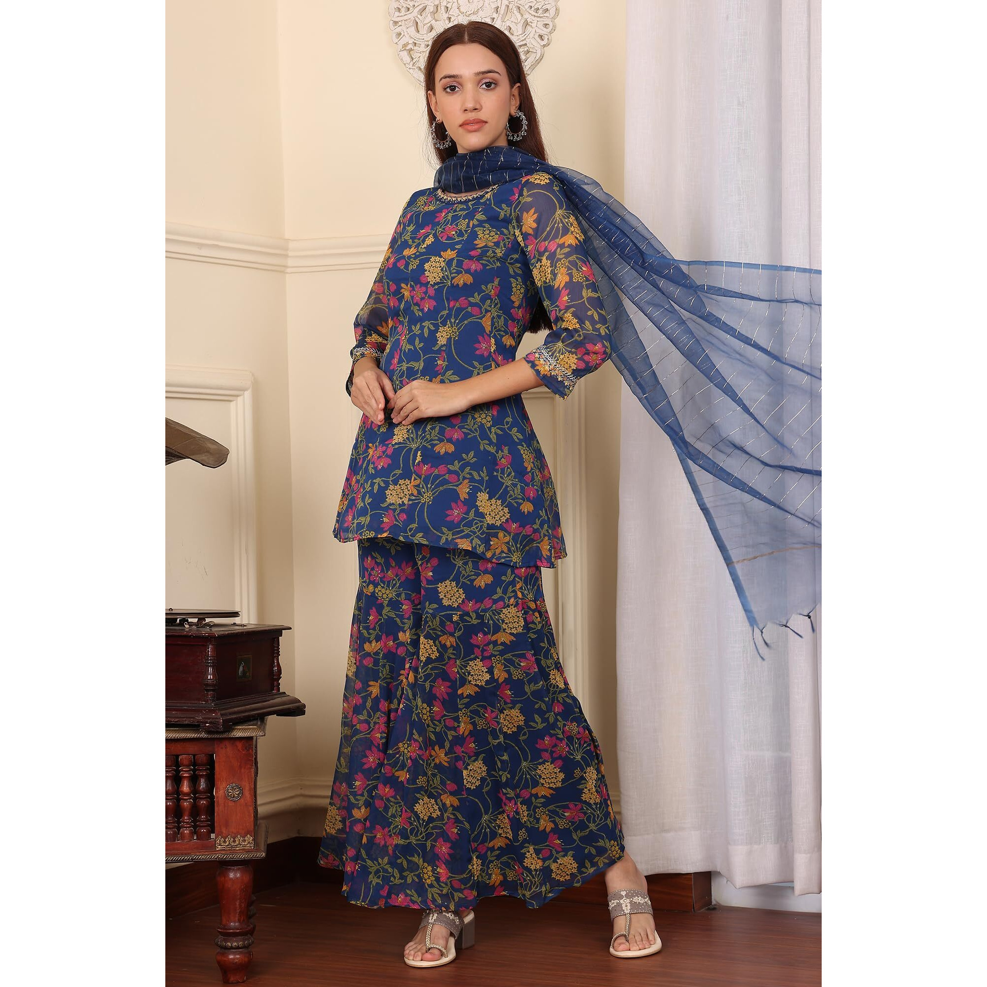 W For Woman Navy Blue Floral Printed Embroidered Flared Short Kurta And Sharara Set With Dupatta (Size L)-24Auws11466-124992