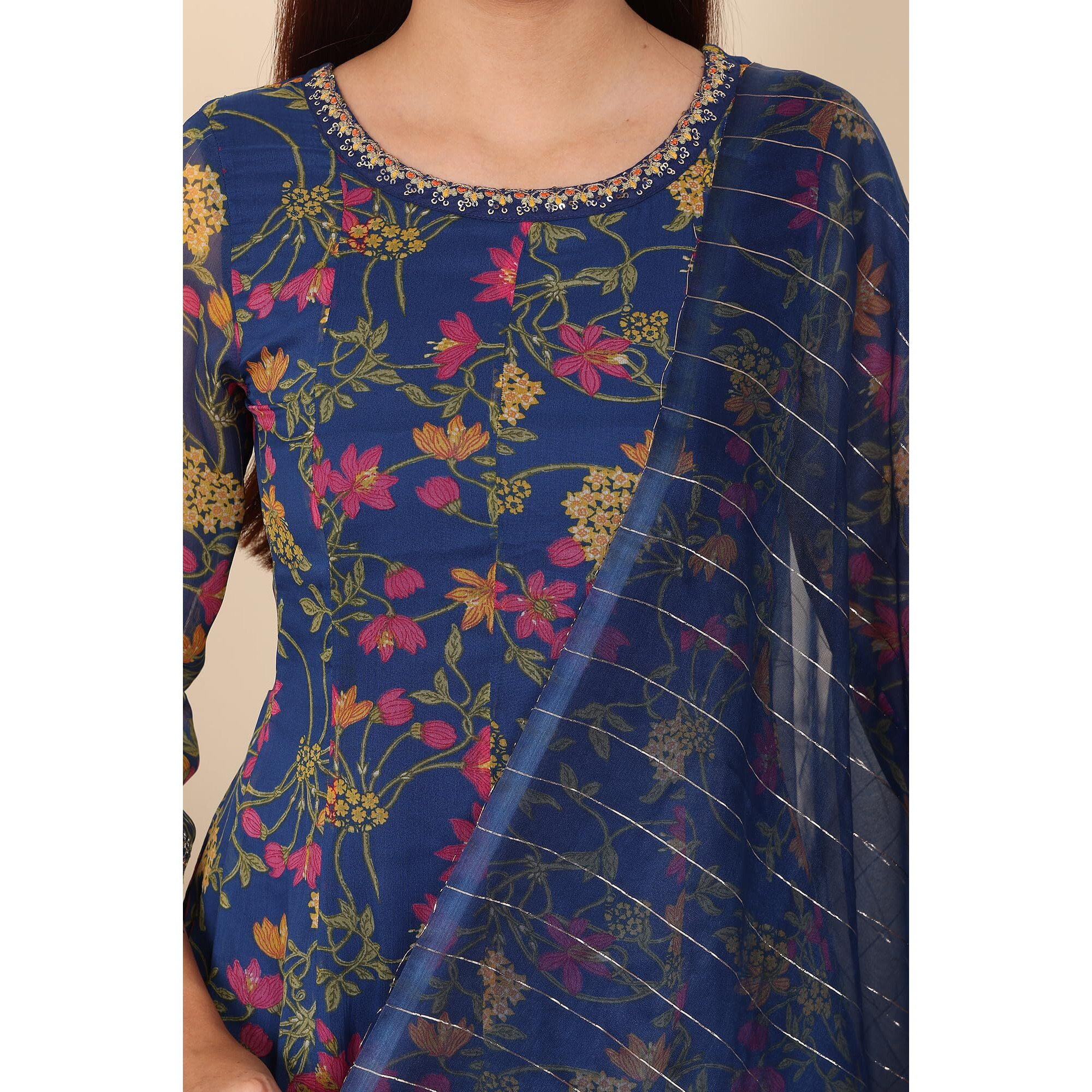 W For Woman Navy Blue Floral Printed Embroidered Flared Short Kurta And Sharara Set With Dupatta (Size L)-24Auws11466-124992