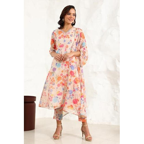 W For Woman Cream Floral Printed Sequined Kota Flared Kurta, Pants And Dupatta Set_24Auws11561-124165_2Xl