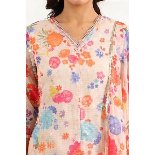 W For Woman Cream Floral Printed Sequined Kota Flared Kurta, Pants And Dupatta Set_24Auws11561-124165_2Xl