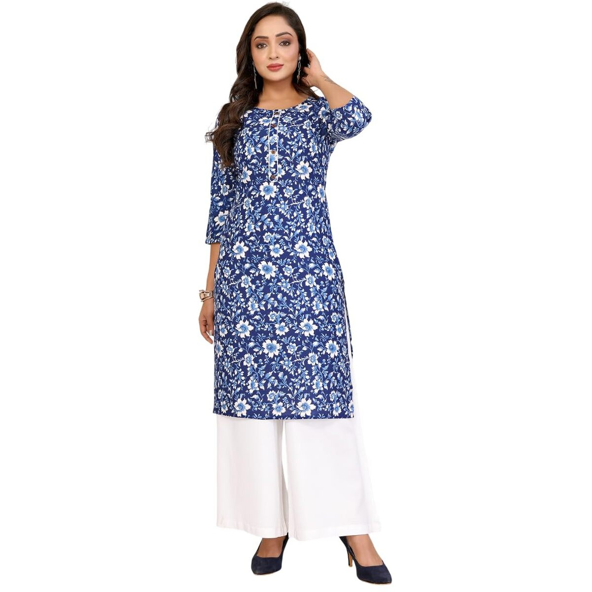 Rangita Blue Cotton Straight Printed Knee Length Kurti | Kurta For Women_M