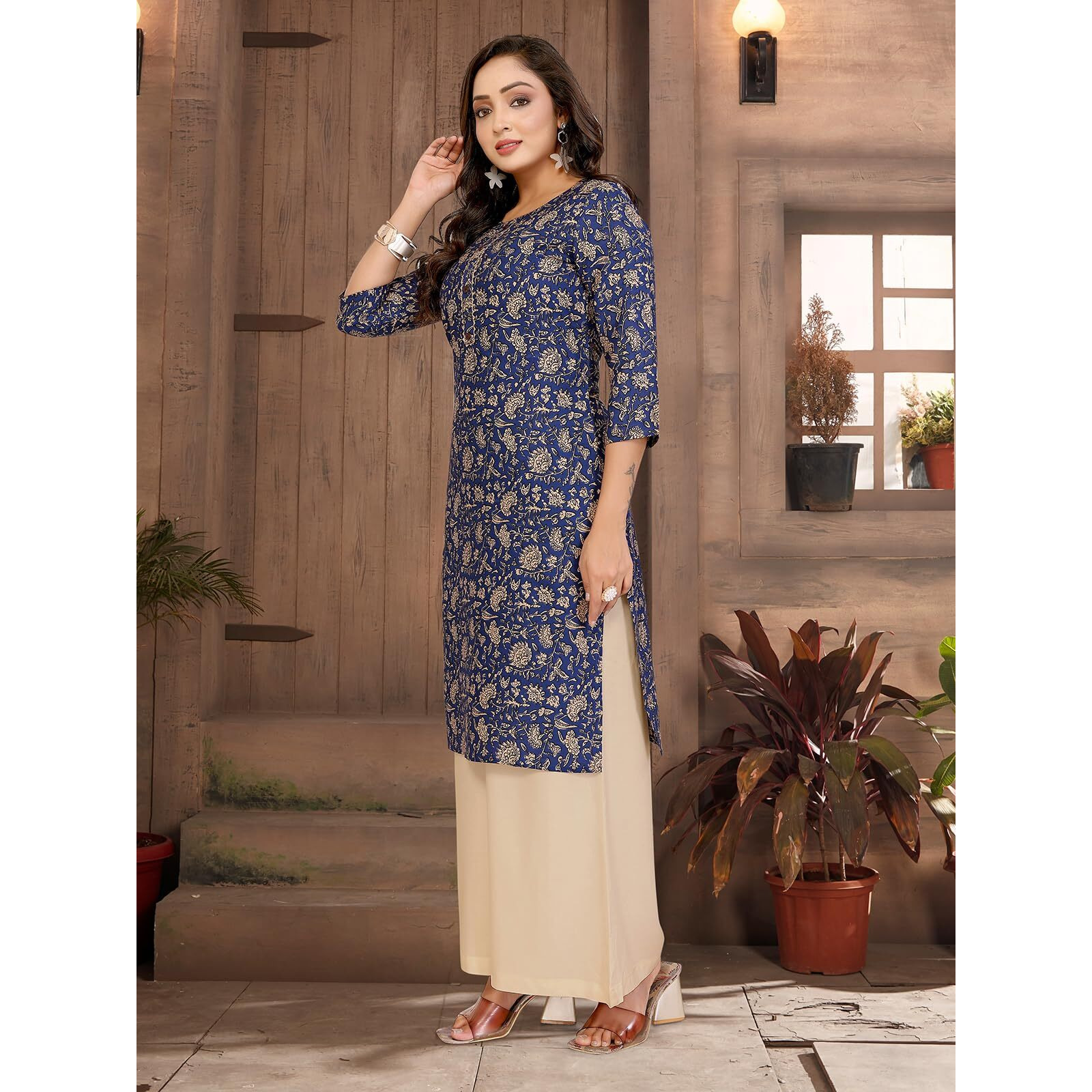 Rangita Blue Rayon Straight Printed Knee Length Kurti | Kurta For Women_M