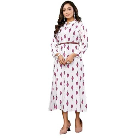 Rangita Women White Rayon Printed Shirt Style Calf Length Dress_2Xl
