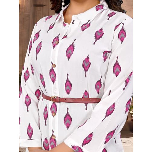 Rangita Women White Rayon Printed Shirt Style Calf Length Dress_2Xl