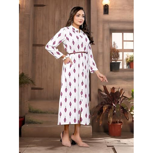 Rangita Women White Rayon Printed Shirt Style Calf Length Dress_2Xl