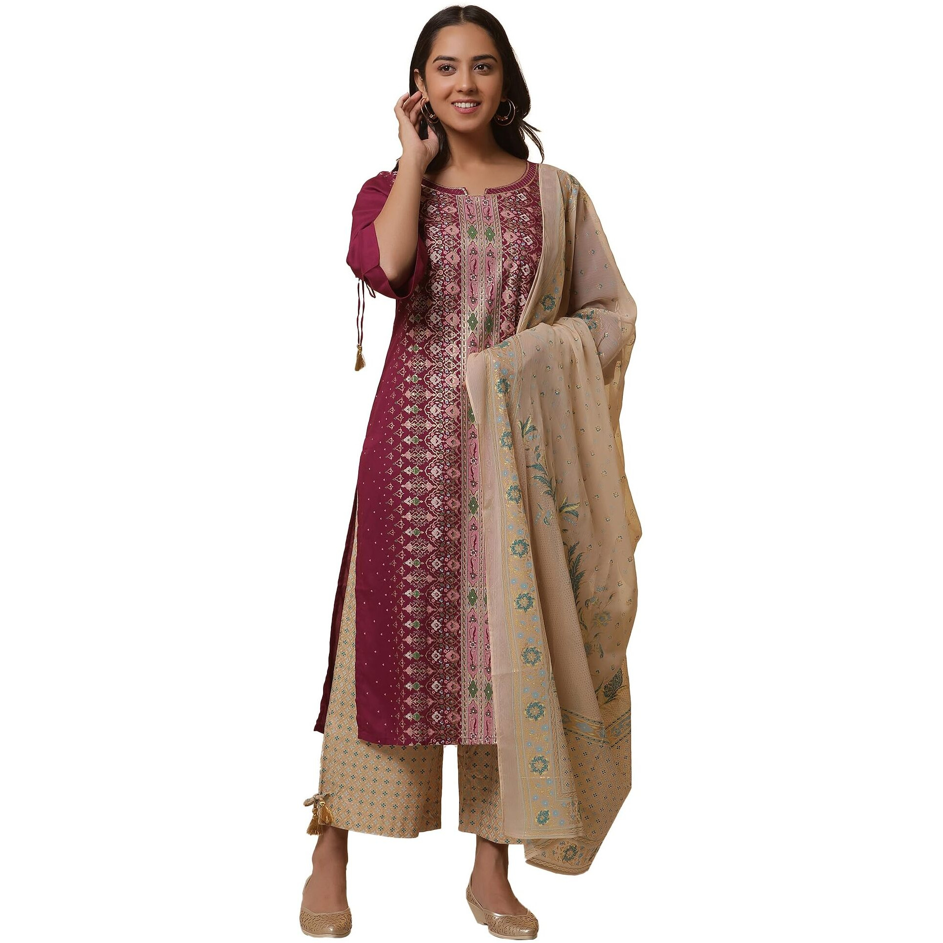 Aurelia Womens Floral Printed Straight Kurta Set With Trousers And Dupatta For Women