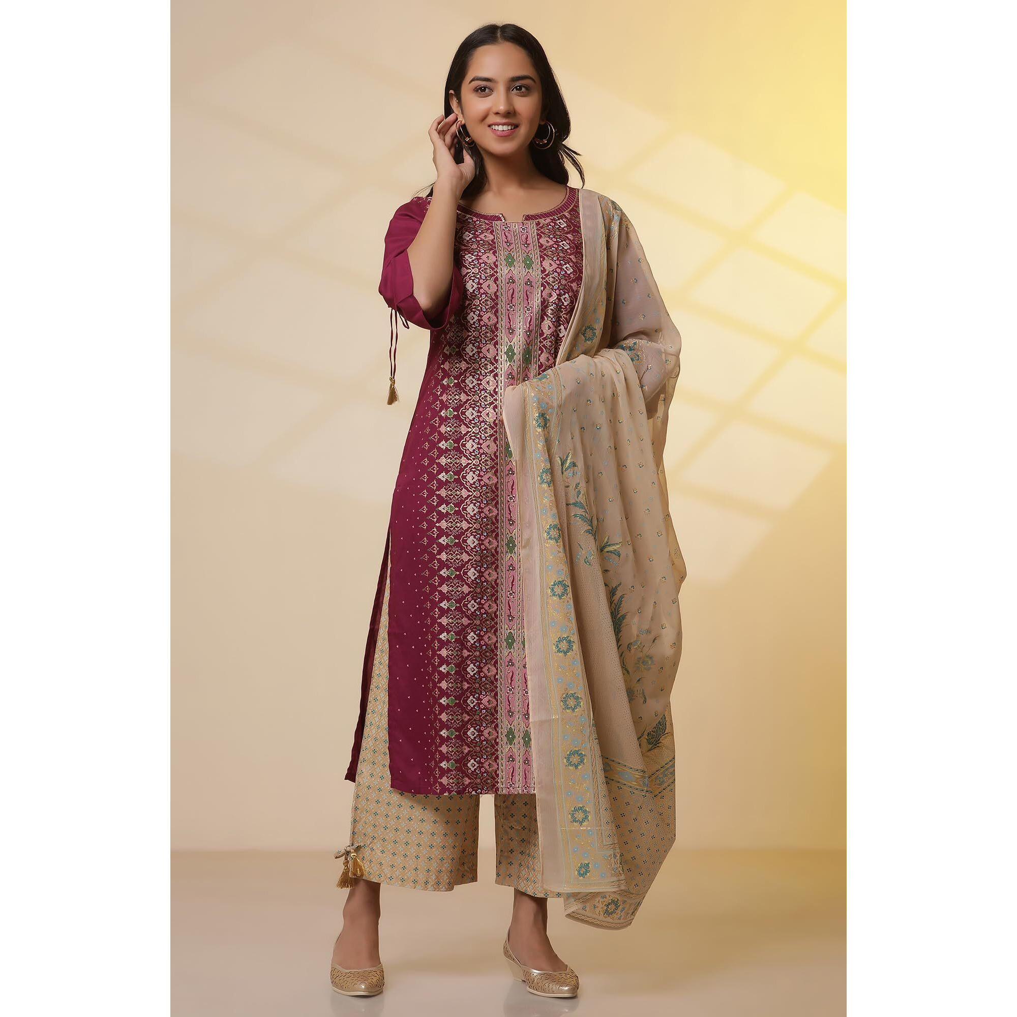 Aurelia Womens Floral Printed Straight Kurta Set With Trousers And Dupatta For Women