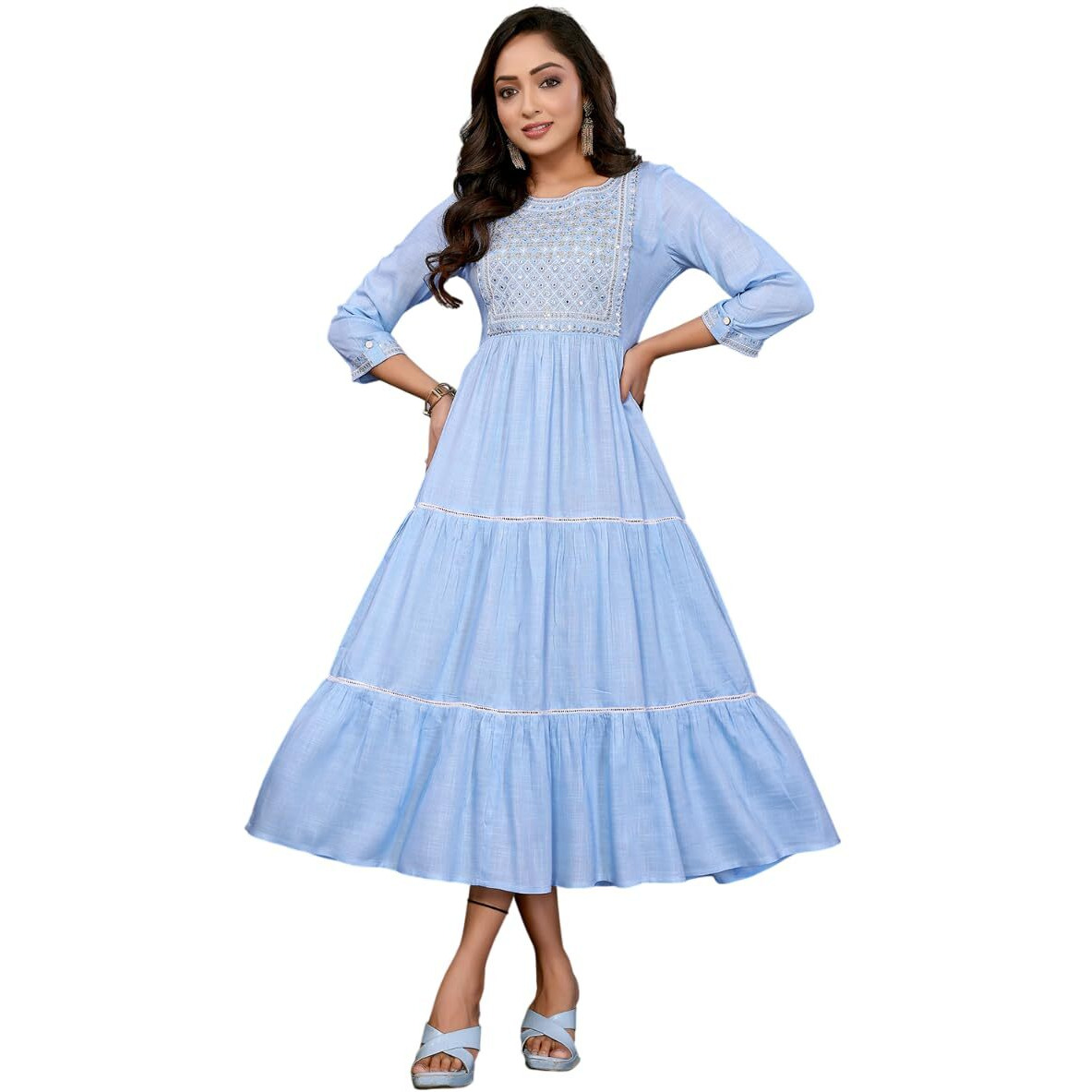Rangita Women Light Blue Rayon Embroidered Tiered Flared Calf Length Dress_3Xl