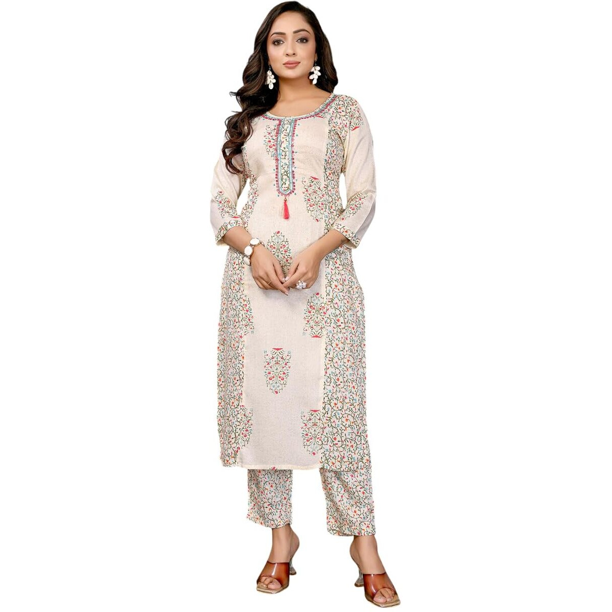 Rangita Beige Rayon Embroidered Straight Calf Length Kurta With Pant | Kurta Set For Women_M