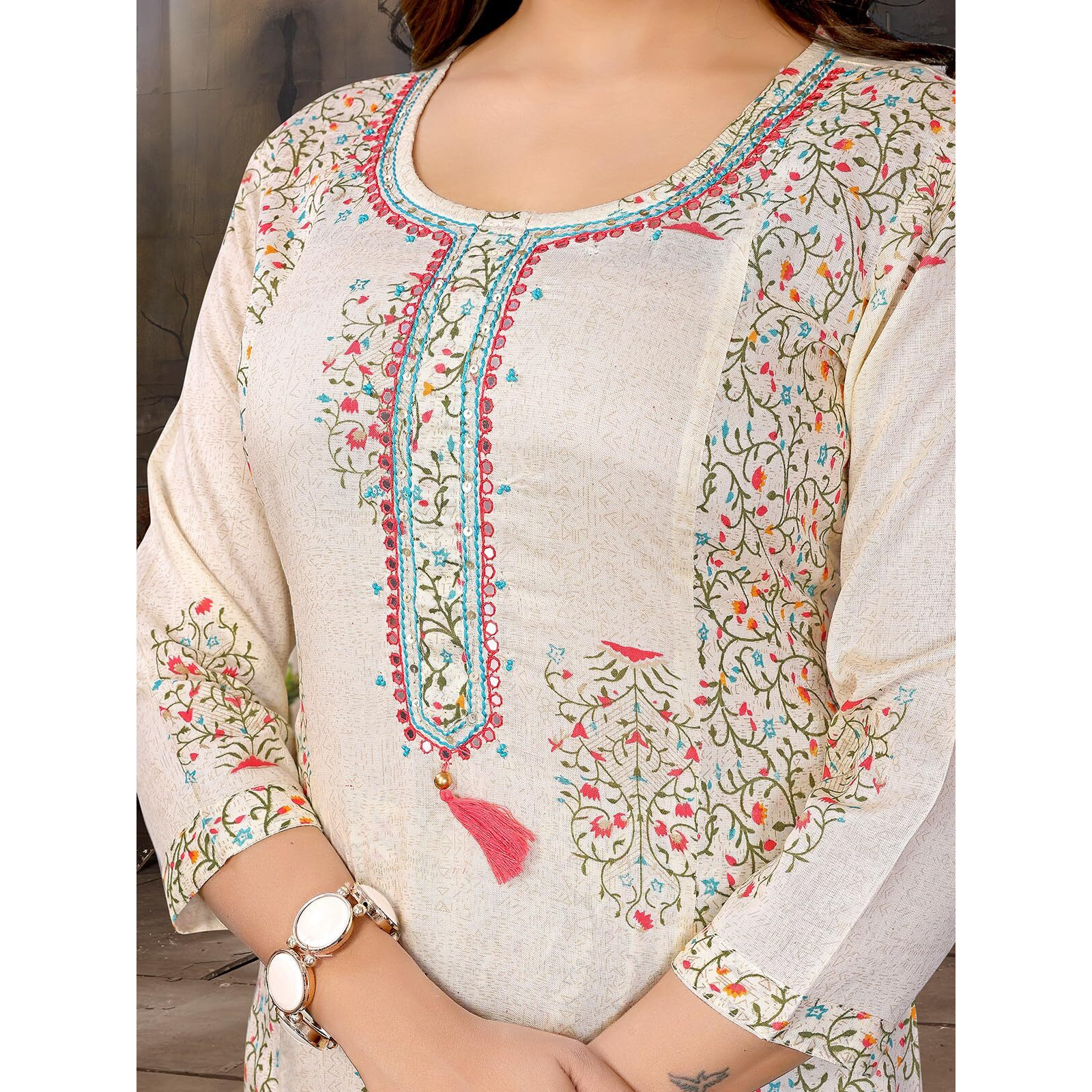 Rangita Beige Rayon Embroidered Straight Calf Length Kurta With Pant | Kurta Set For Women_M