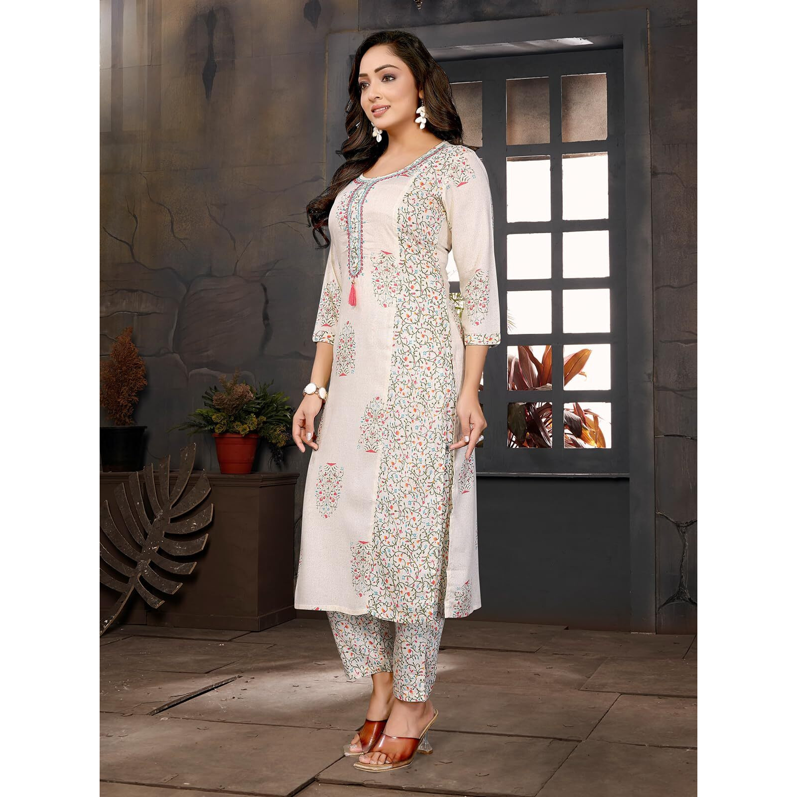 Rangita Beige Rayon Embroidered Straight Calf Length Kurta With Pant | Kurta Set For Women_M