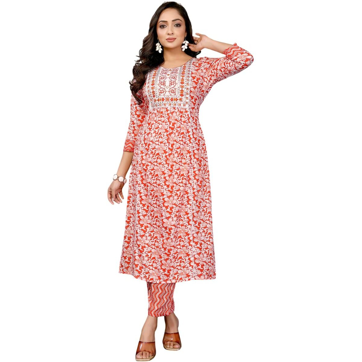 Rangita Orange Rayon Embroidered Straight Calf Length Kurta With Pant | Kurta Set For Women_Xl