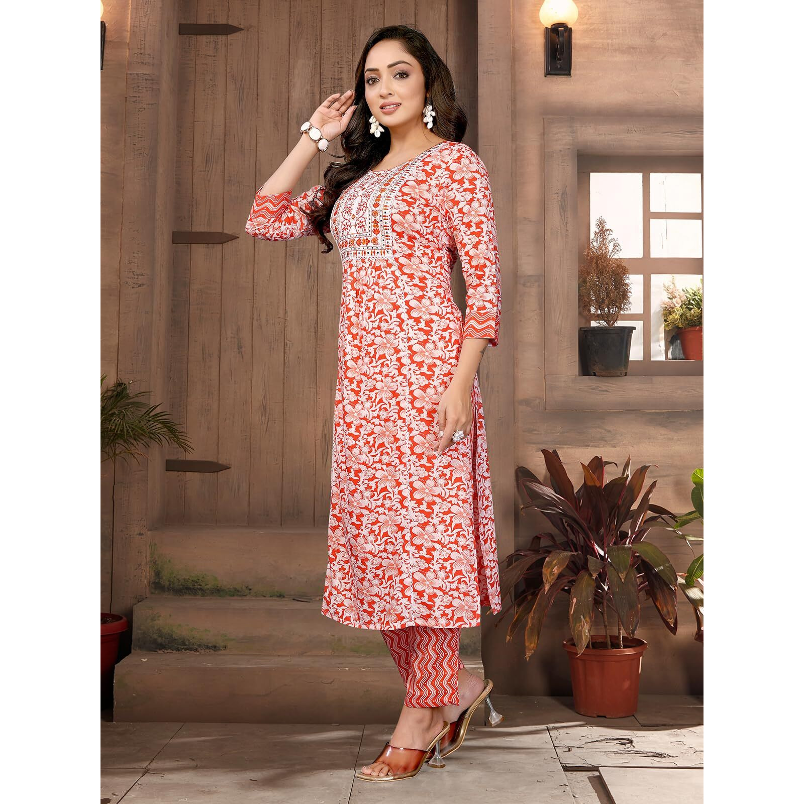Rangita Orange Rayon Embroidered Straight Calf Length Kurta With Pant | Kurta Set For Women_Xl