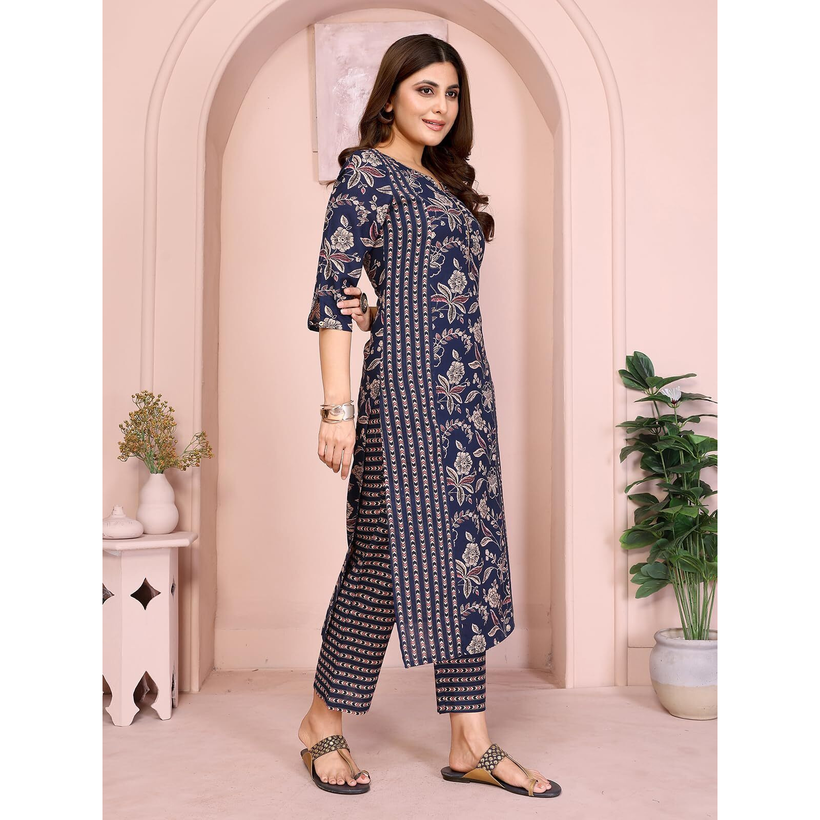 Rangita Blue Cotton Printed Straight Calf Length Kurta With Pant | Kurta Set For Women_Xl