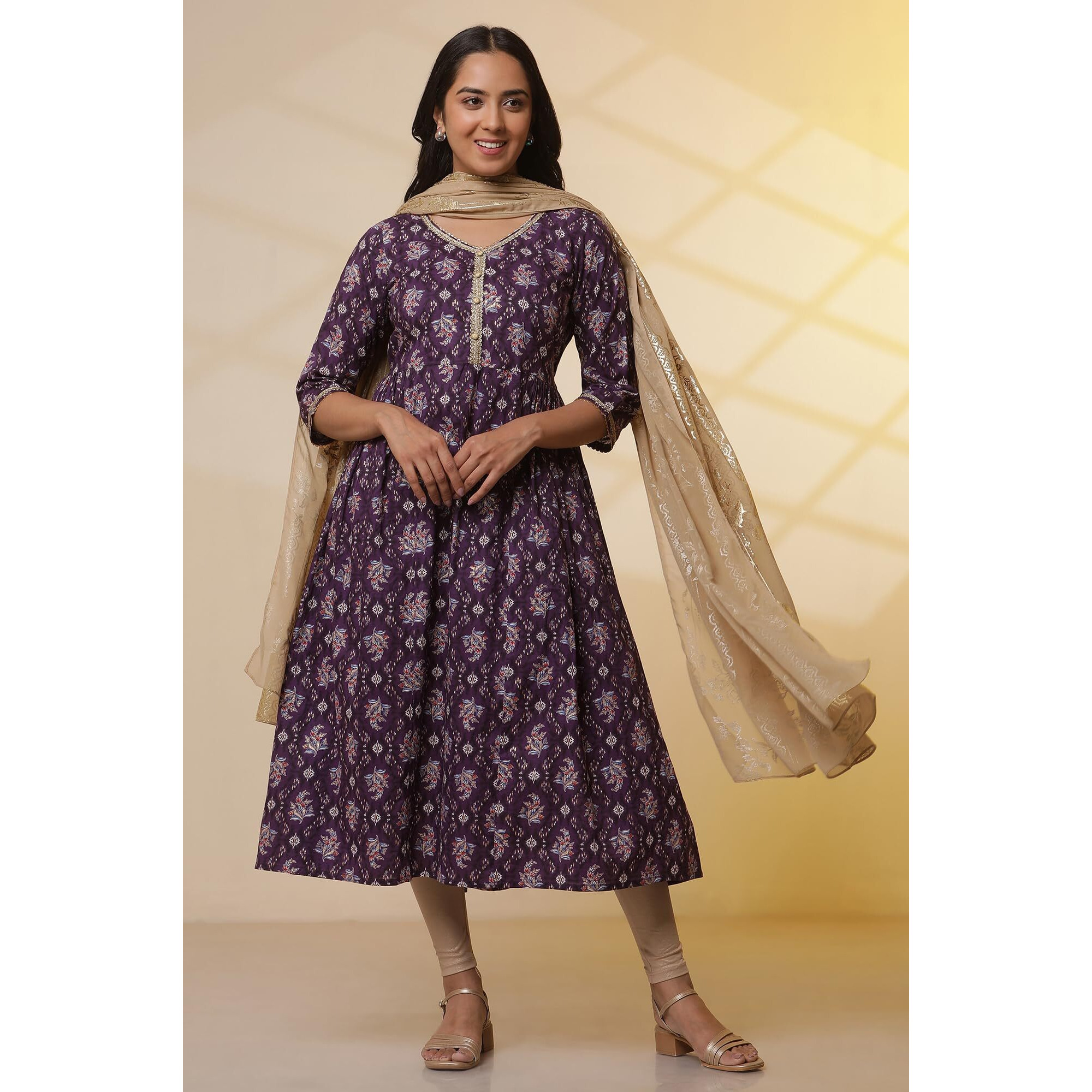 Aurelia Womens Floral Printed Flared Pure Cotton Kurta Set With Leggings And Dupatta For Women