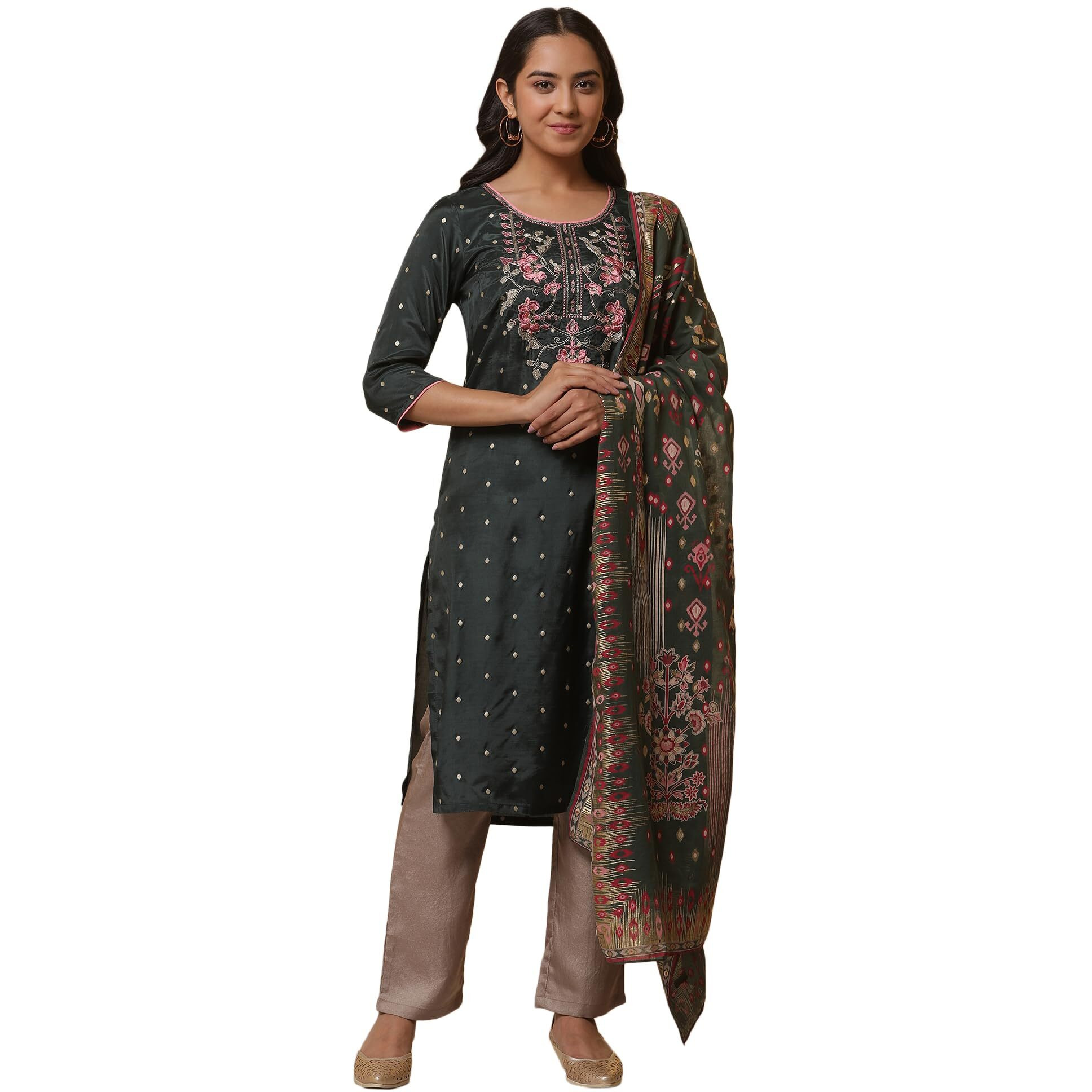 Aurelia Womens Polka Dots Printed Straight Kurta Set With Palazzos And Dupatta For Women