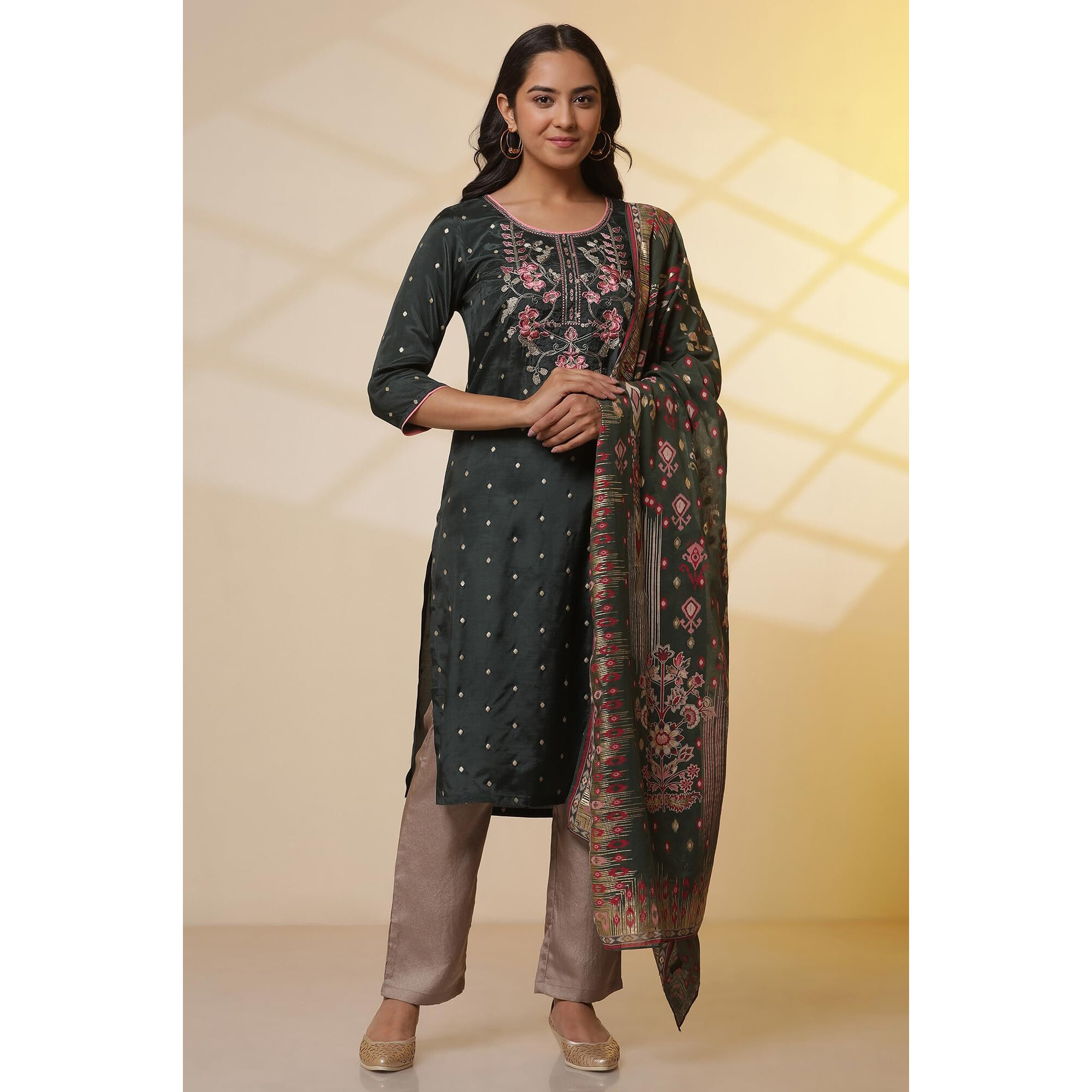 Aurelia Womens Polka Dots Printed Straight Kurta Set With Palazzos And Dupatta For Women