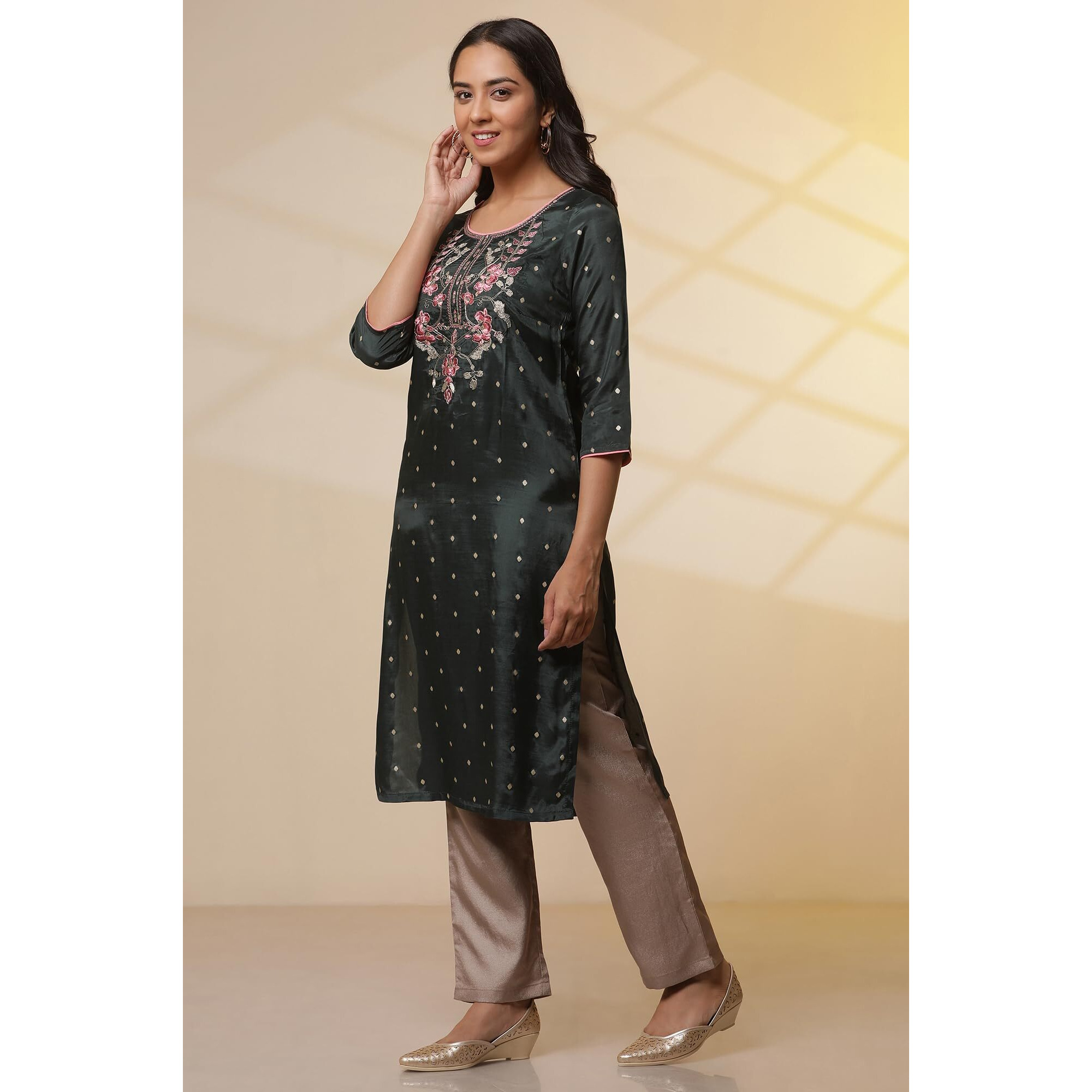 Aurelia Womens Polka Dots Printed Straight Kurta Set With Palazzos And Dupatta For Women